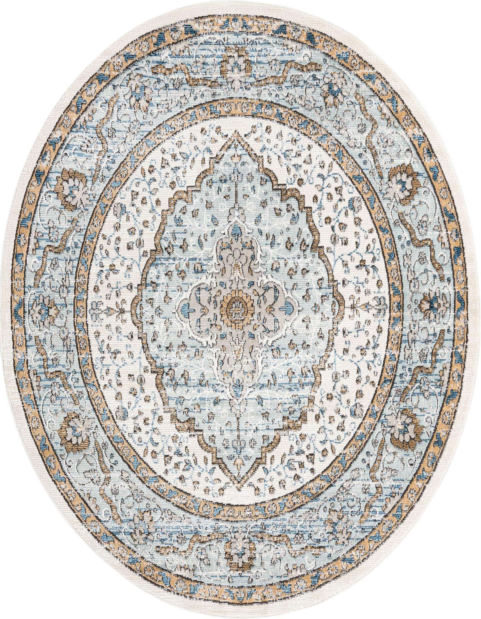 A 7-foot round blue and cream traditional medallion rug with distressed vintage patterns and gold accents.