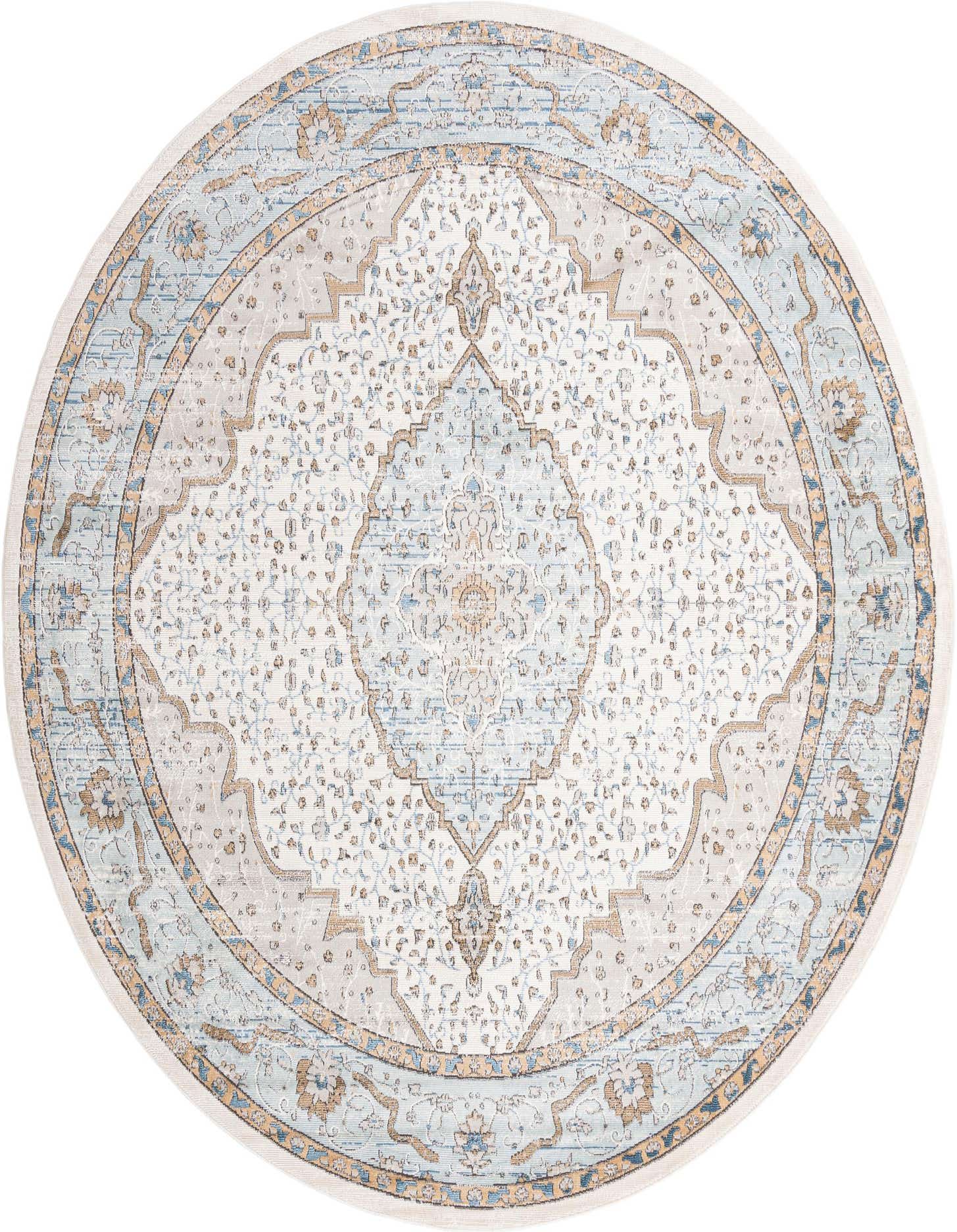 A 12-foot round blue and white traditional medallion rug with vintage-inspired floral patterns and a textured high/low pile.