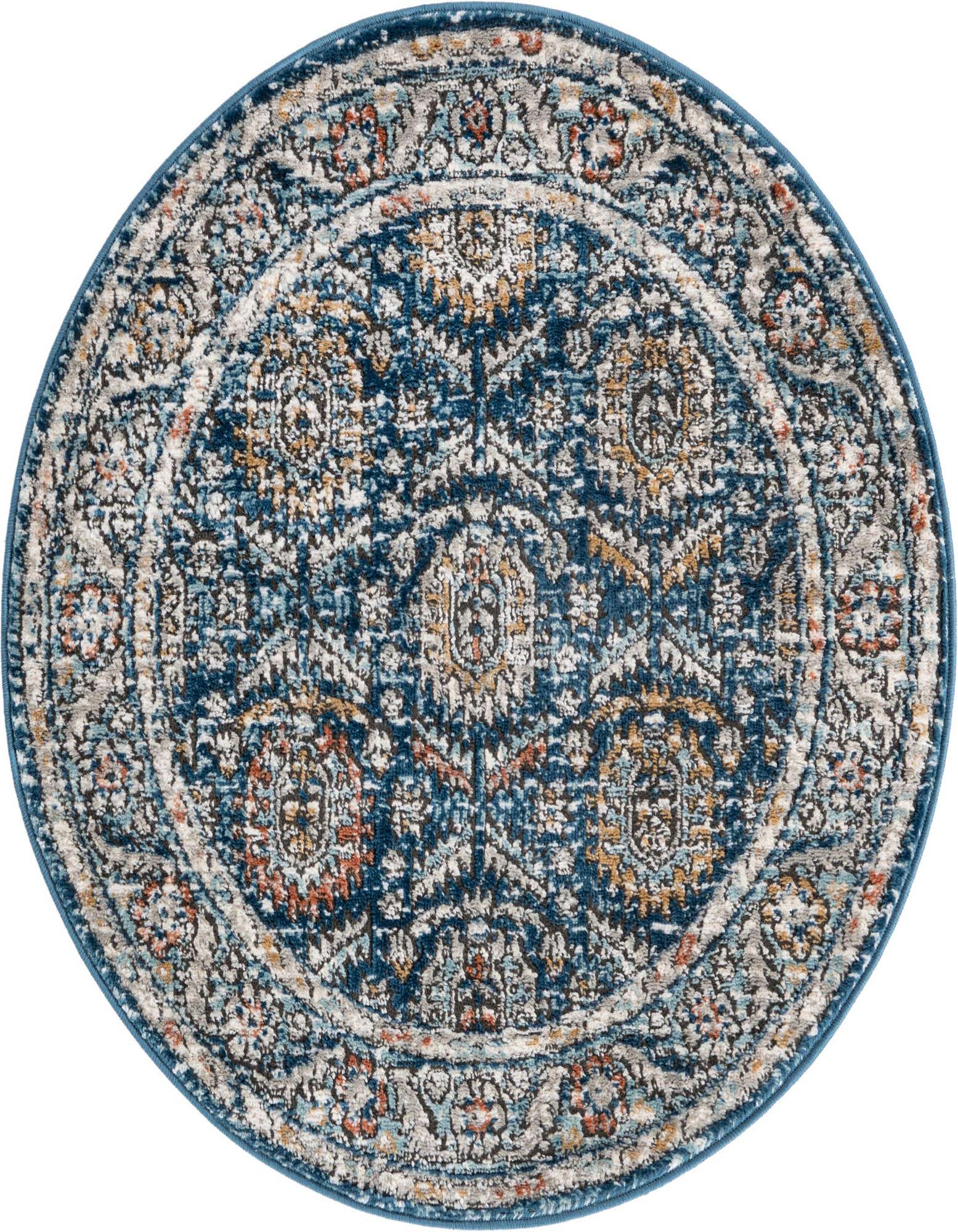 A 3' 3 round blue rug with a distressed traditional medallion pattern in shades of blue, grey, orange, and gold.