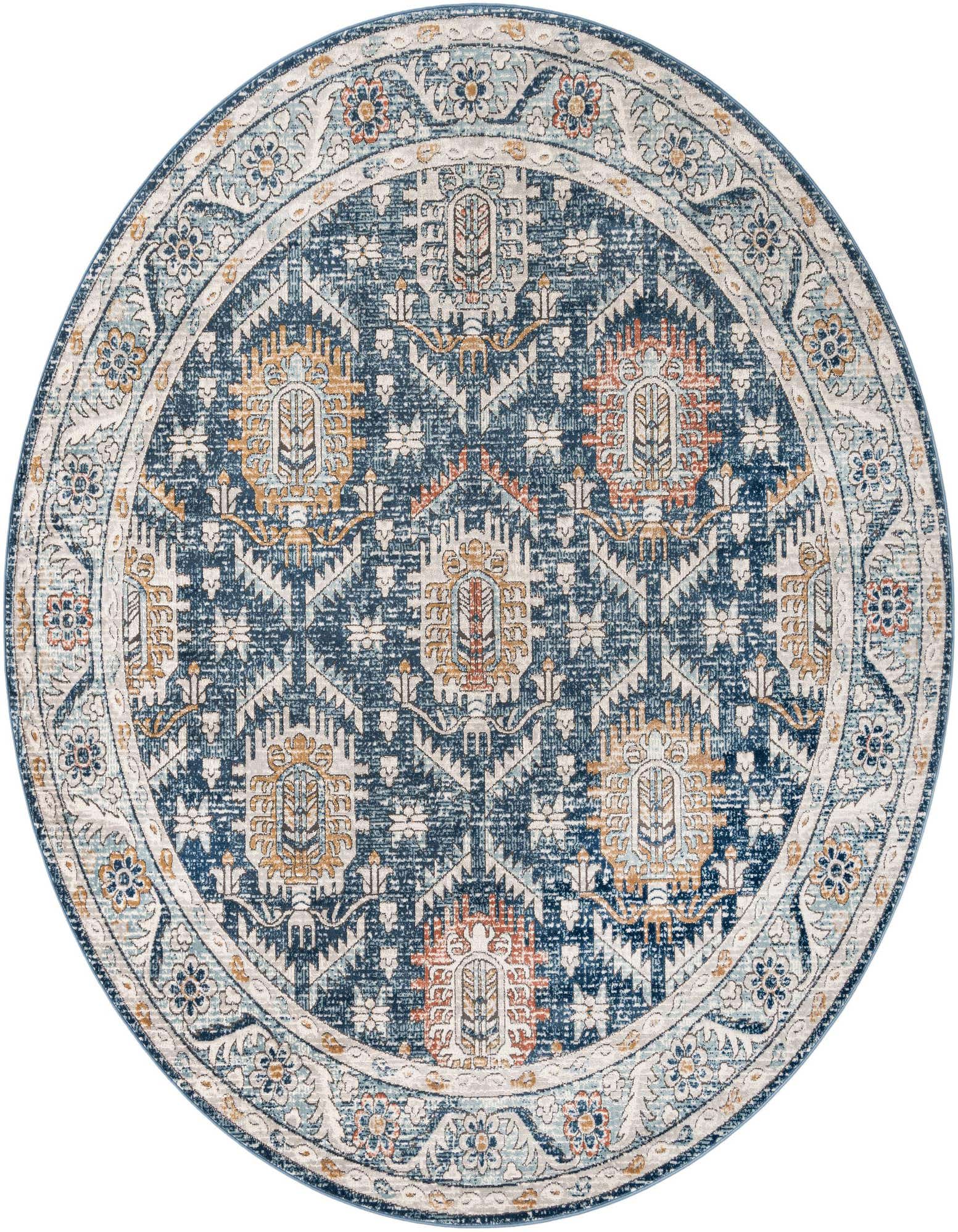 A 10-foot round blue traditional rug with a vintage medallion and floral border pattern in blues, orange, and cream.