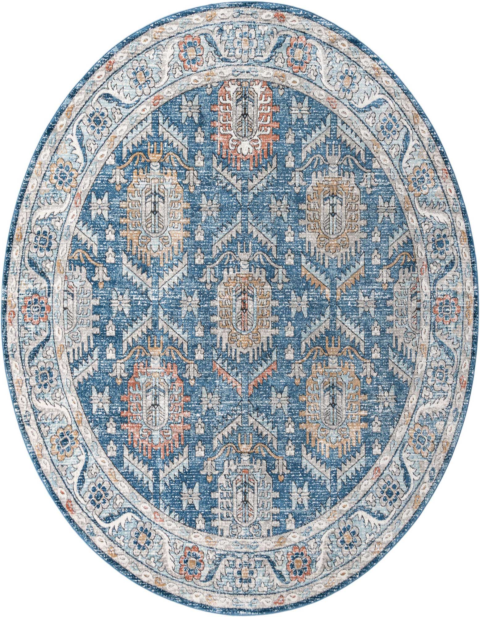 A large 12-foot round blue rug with a traditional medallion and oriental pattern in shades of blue, orange, and beige.