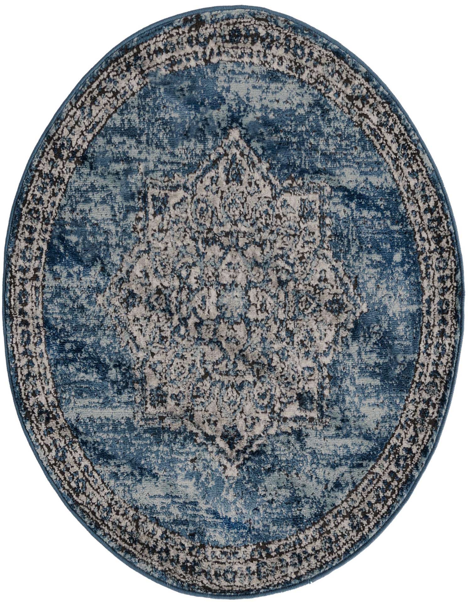 A 3' 3 x 3' 3 round blue traditional rug with a distressed vintage medallion pattern in lighter blue and gray tones.