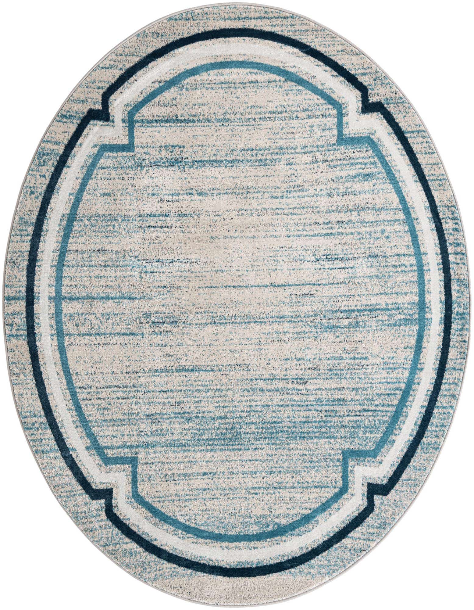A 7' round blue and beige rug with a textured, abstract pattern and a bold blue and white border.