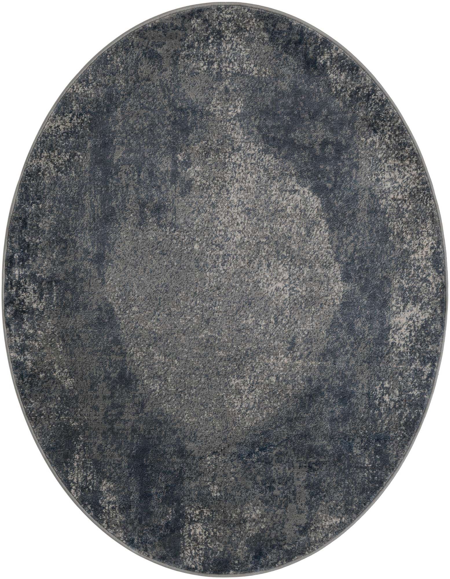 A 5' 3 round blue shabby-chic rug with a distressed, textured pattern, suitable for various indoor spaces.