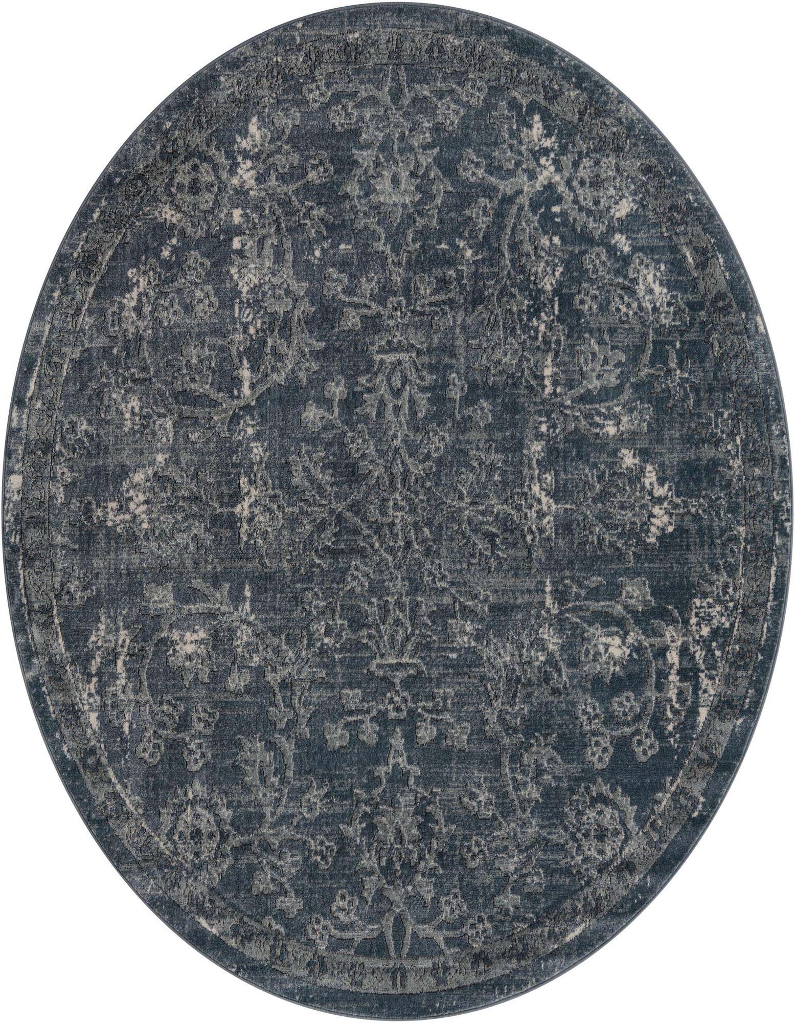 A 7' round blue shabby-chic rug with a distressed traditional floral pattern in lighter blue and cream tones.