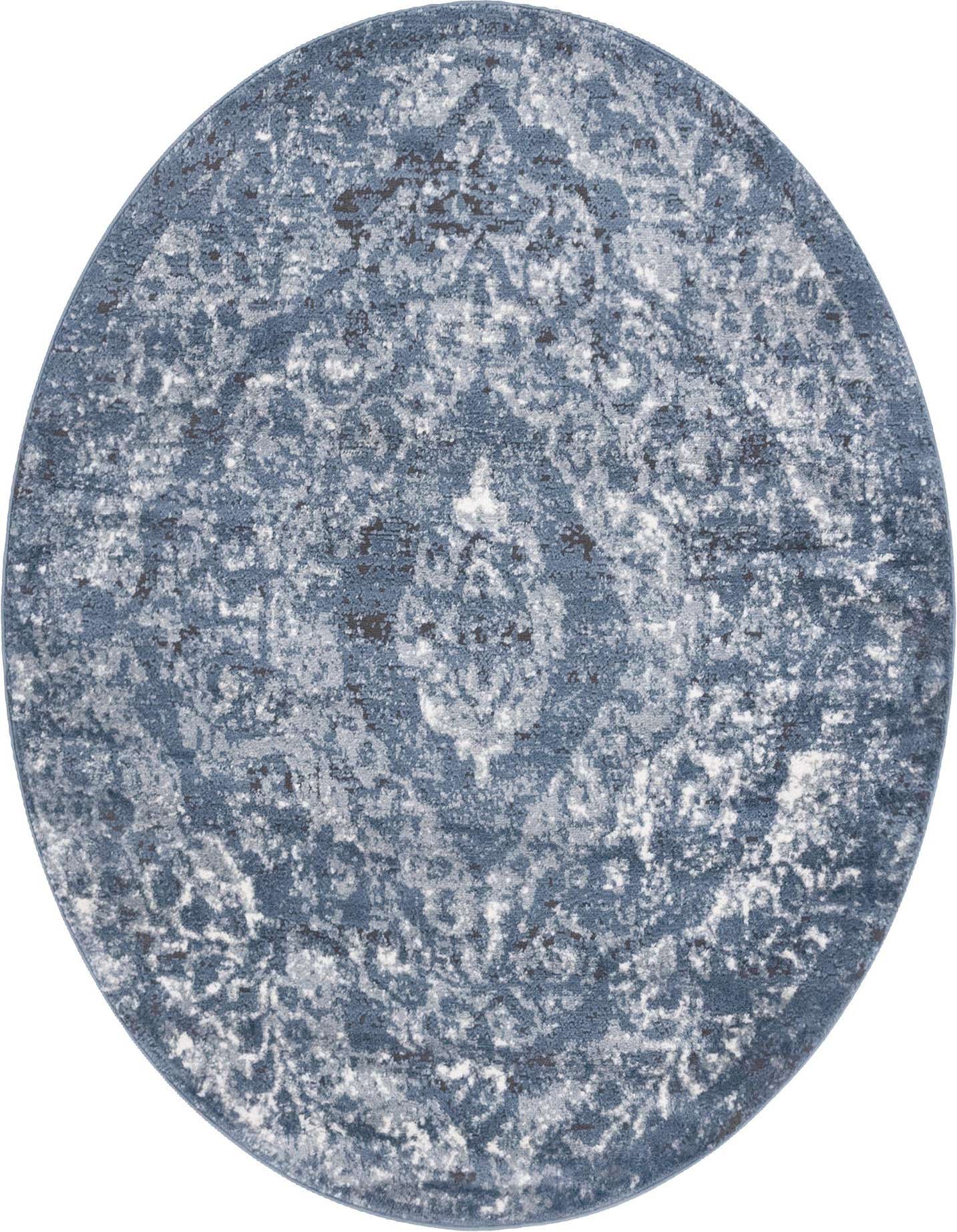 A 5' 3 round blue shabby-chic rug with a distressed medallion pattern, ideal for indoor spaces.