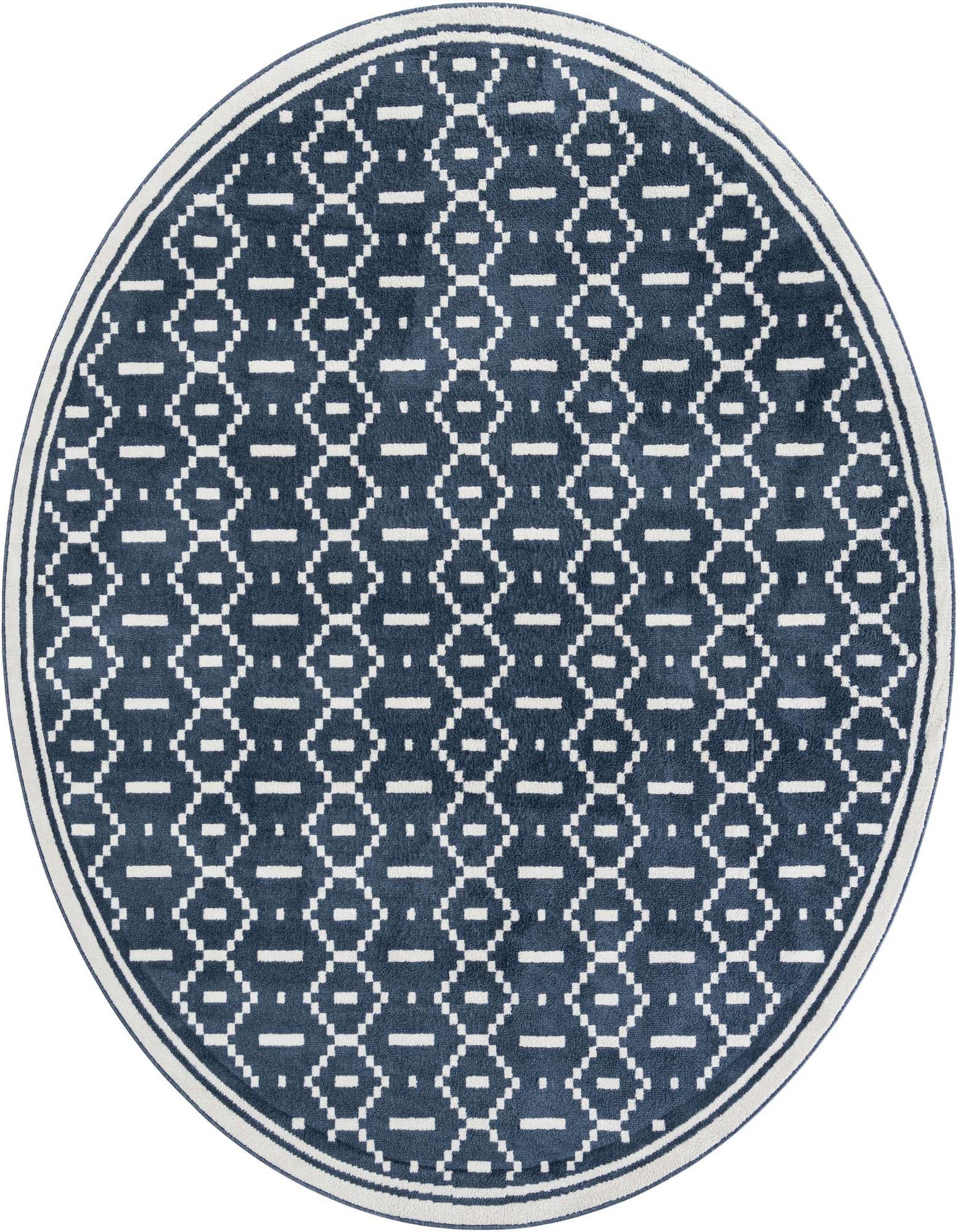 A 10' round blue and white modern rug with a geometric pattern and a striped border.