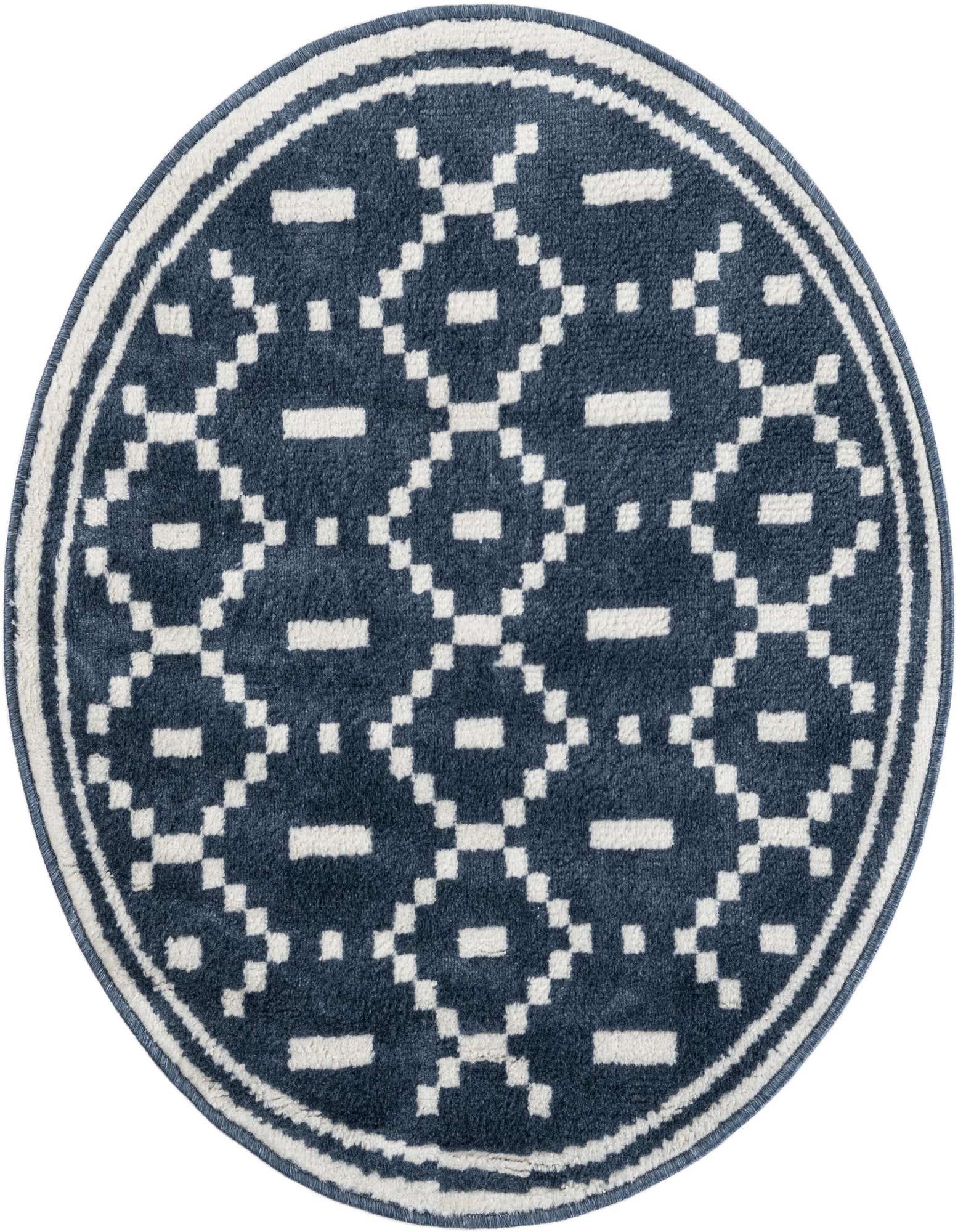 A 3' 0 x 3' 0 round blue modern rug with a white geometric pattern and a white border.