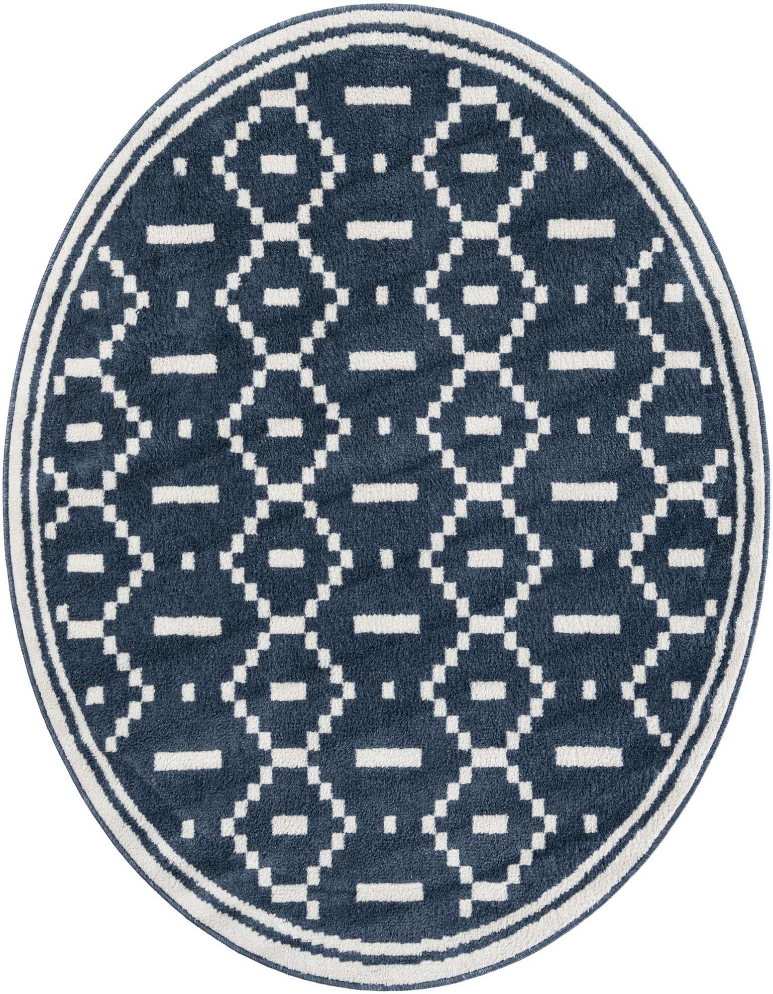 A 5' 0 x 5' 0 round blue rug with a geometric pattern of white diamonds and dashes, framed by a white border.