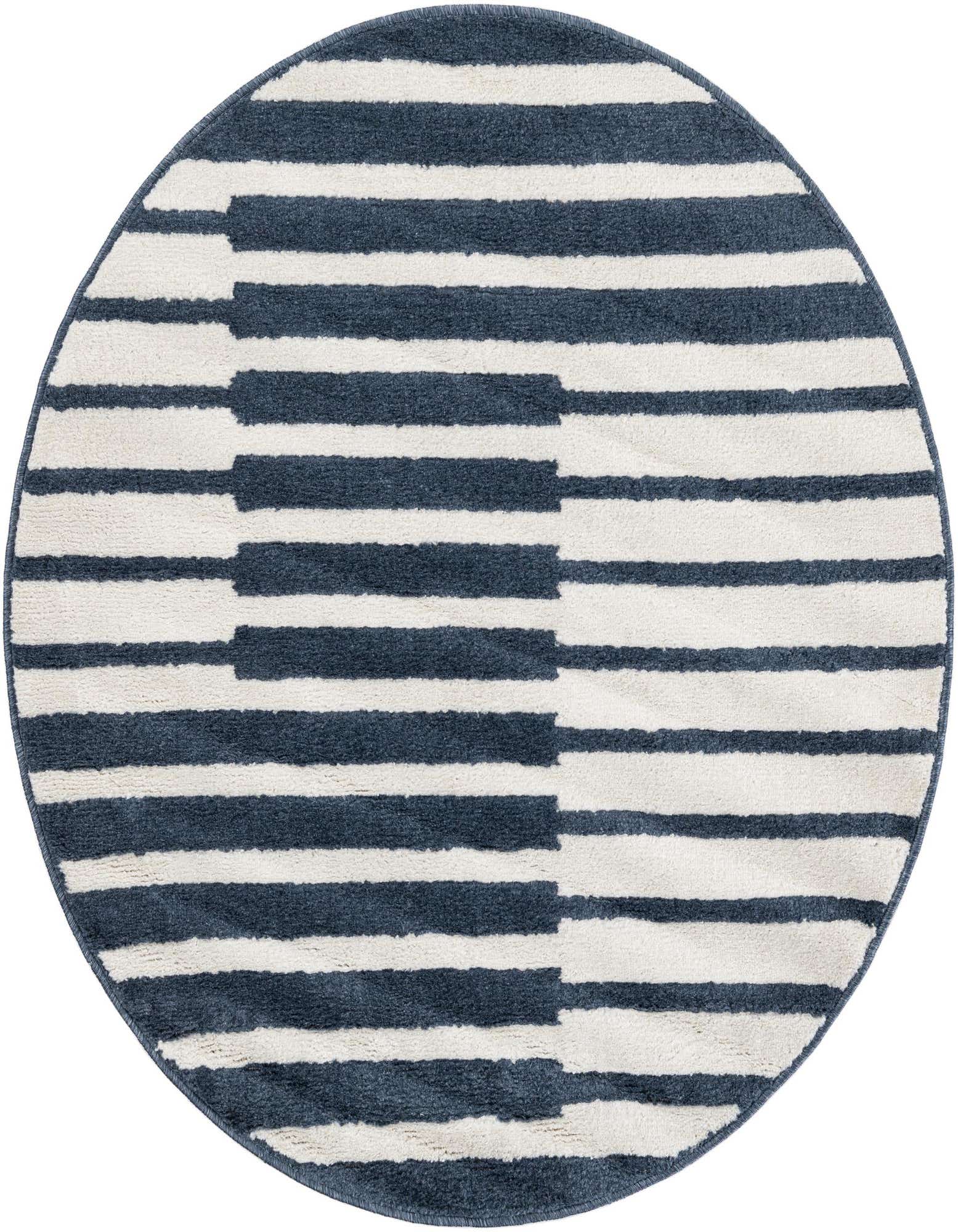 A round Oslo rug, 4' 0 x 4' 0, featuring a modern blue and white stripe pattern, suitable for indoor spaces.