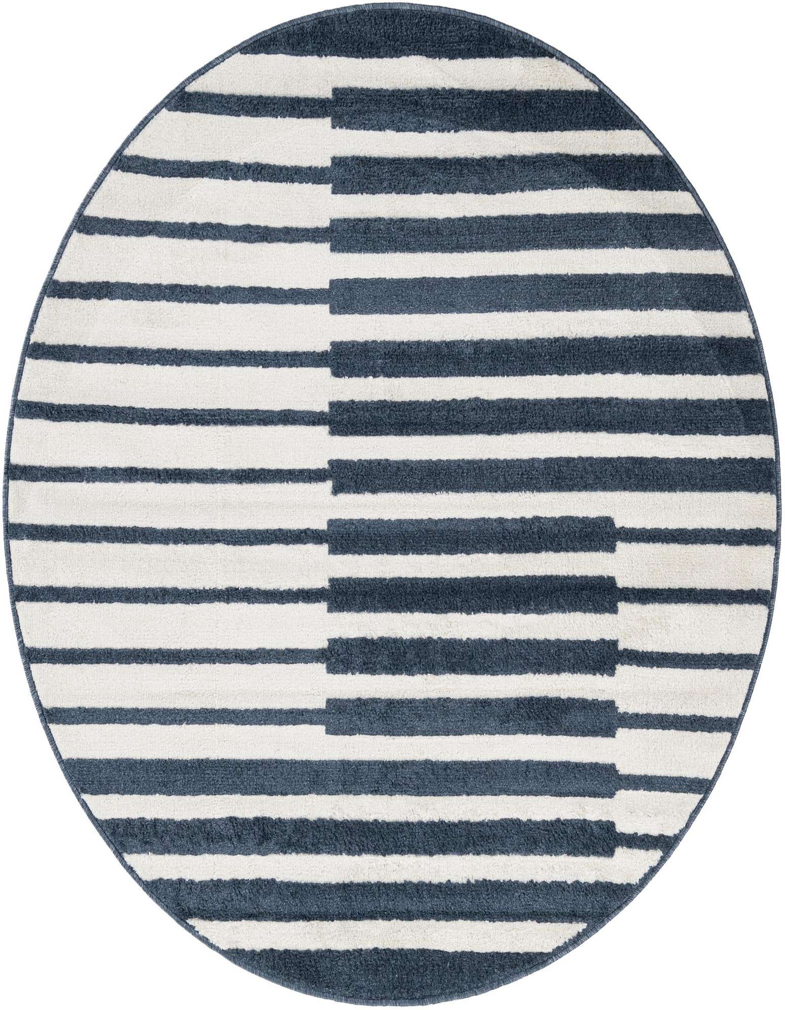 A 5' round blue and white striped rug with a modern geometric pattern, suitable for various indoor spaces.