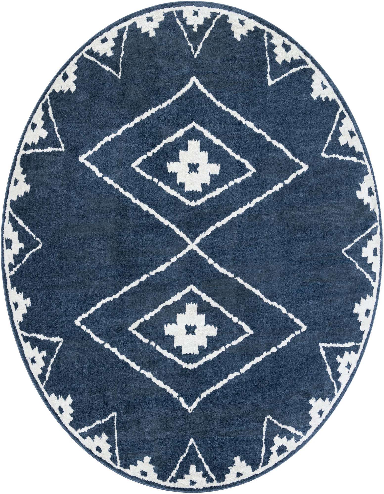 A 10-foot round blue modern rug with a white geometric diamond and tribal pattern, suitable for indoor spaces.