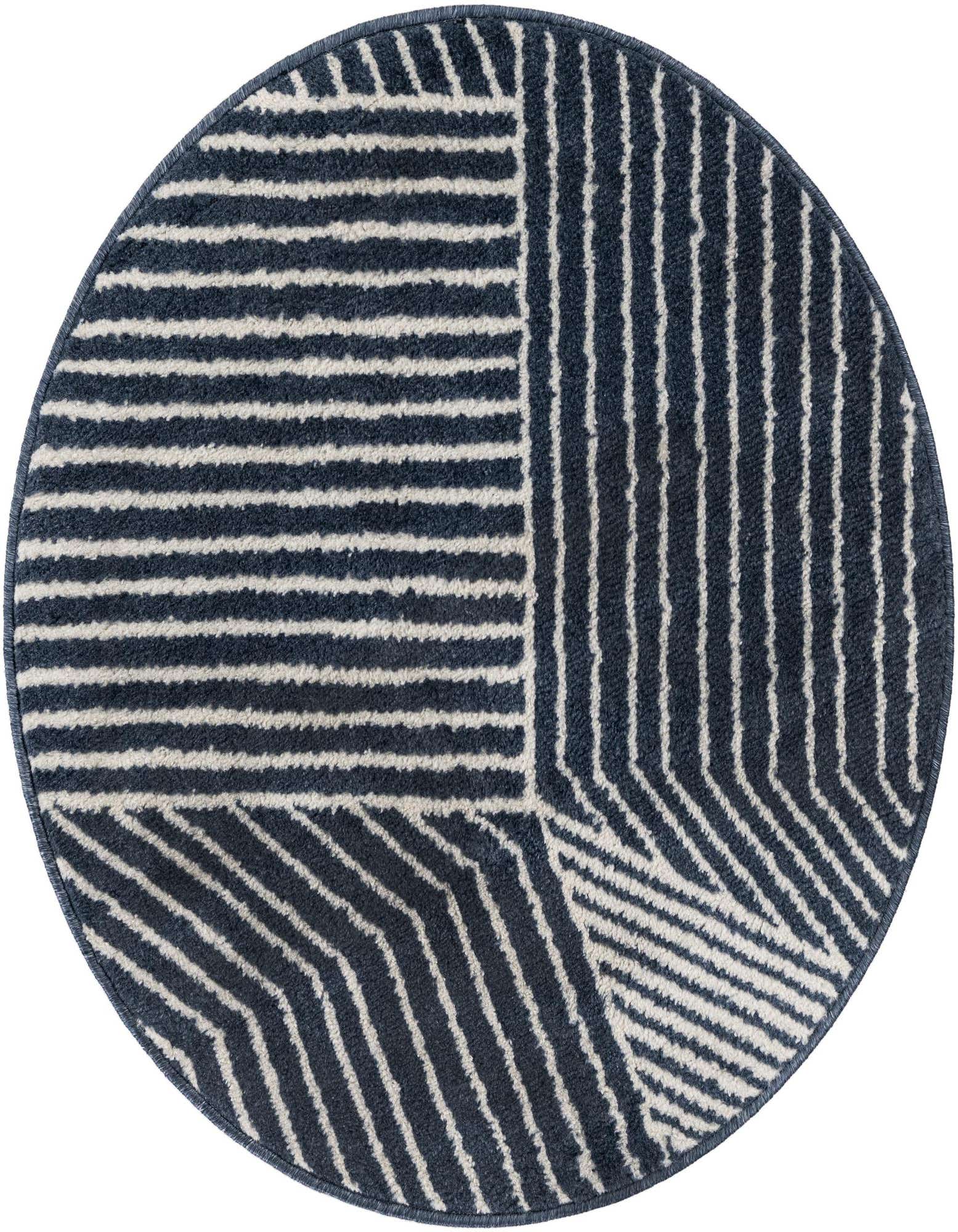 A round blue rug with a modern geometric stripe pattern in white, featuring horizontal, vertical, and diagonal lines.