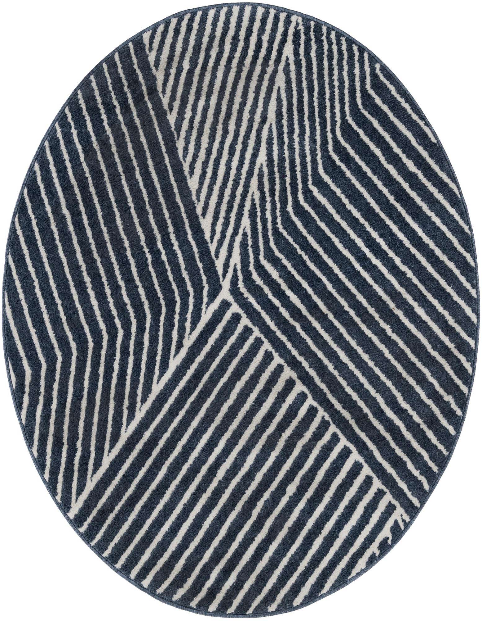 A 5' 0 x 5' 0 round blue modern rug with a bold white striped geometric pattern.