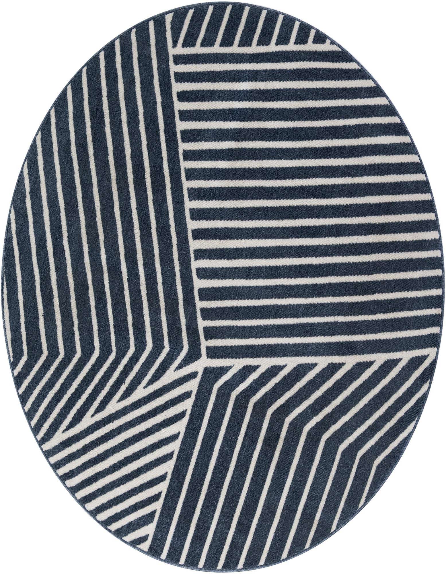 A 6' round blue and white modern rug featuring a bold geometric stripe pattern, perfect for an indoor living space.
