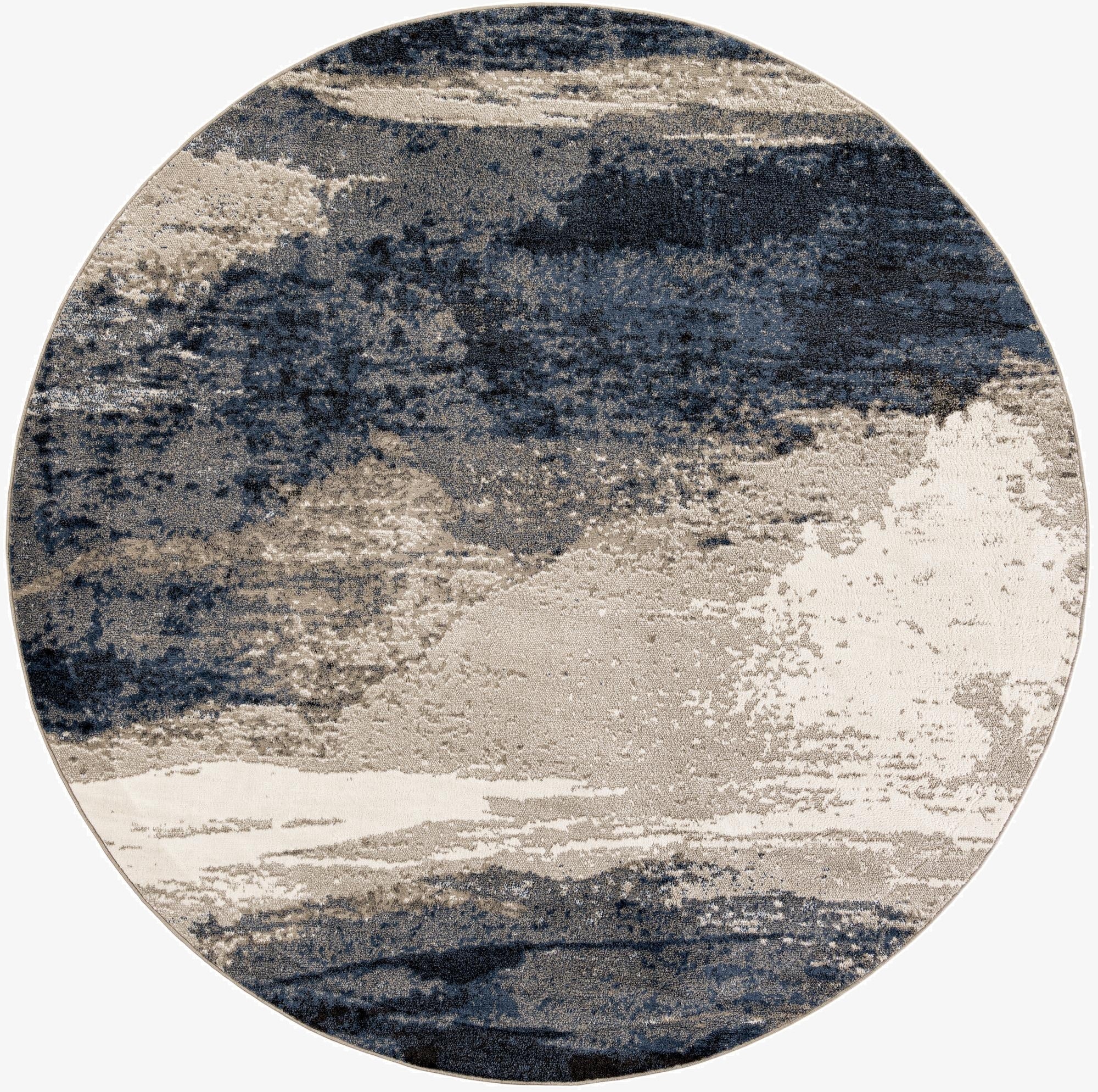 A 10-foot round modern abstract rug featuring a dynamic blend of blues, grays, and creams.