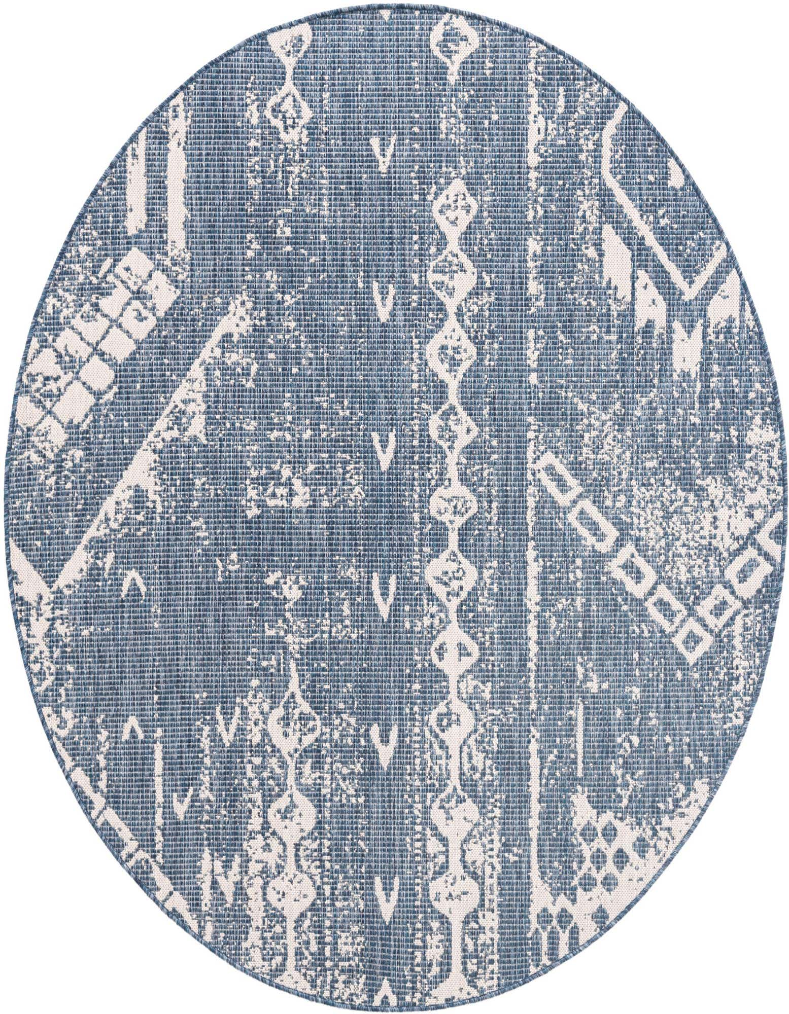 A 6' round blue and white modern abstract rug with geometric patterns, suitable for indoor or outdoor use.