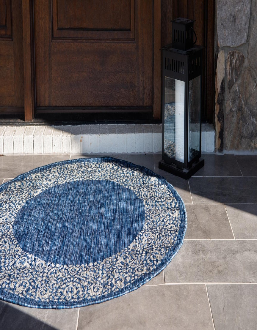 Blue 10' 8 x 10' 8 Border Indoor / Outdoor Round Rug | Rugs.com