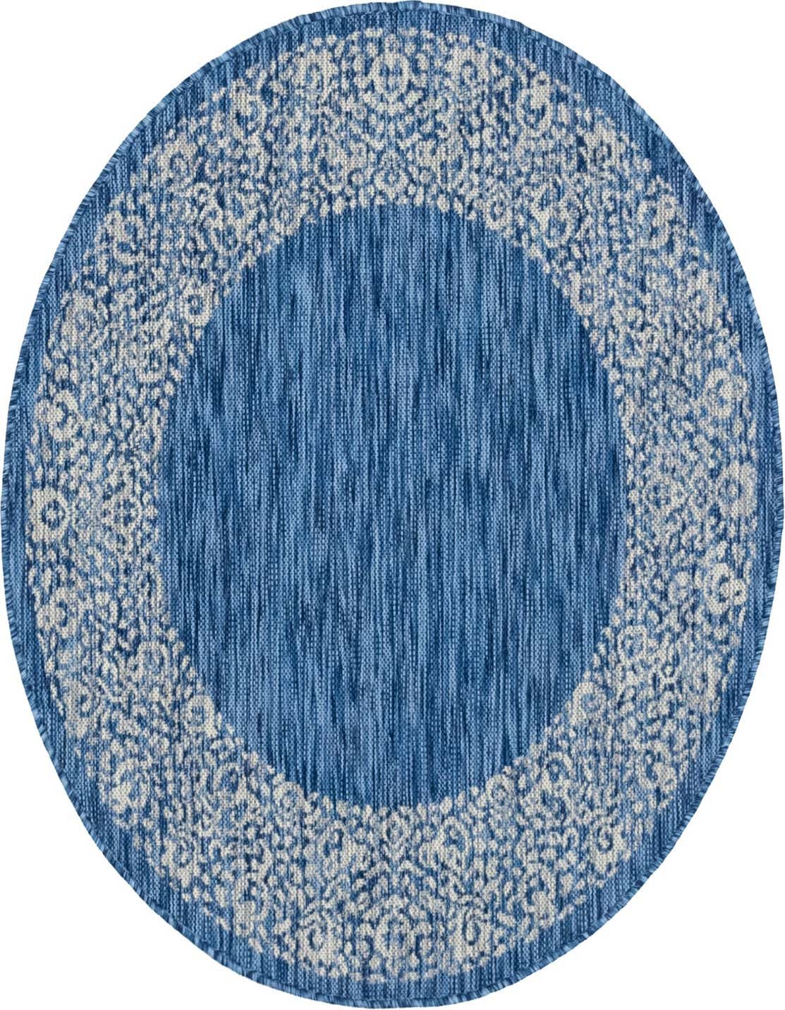 A 4' round blue indoor/outdoor rug with a light blue and white ornate border pattern.