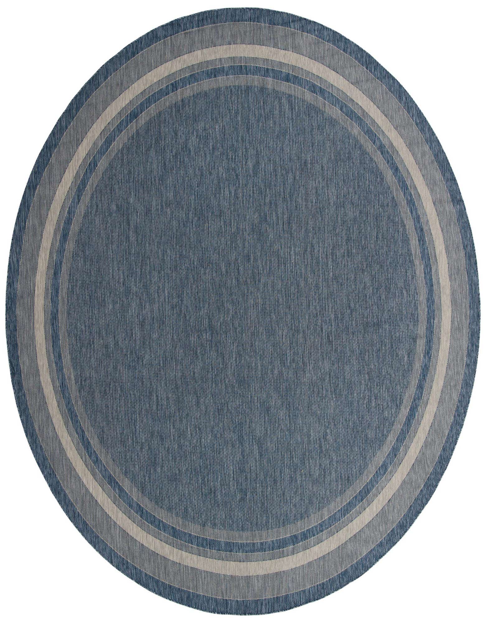 A 13' round blue outdoor rug with concentric light blue and beige border stripes, suitable for a patio.