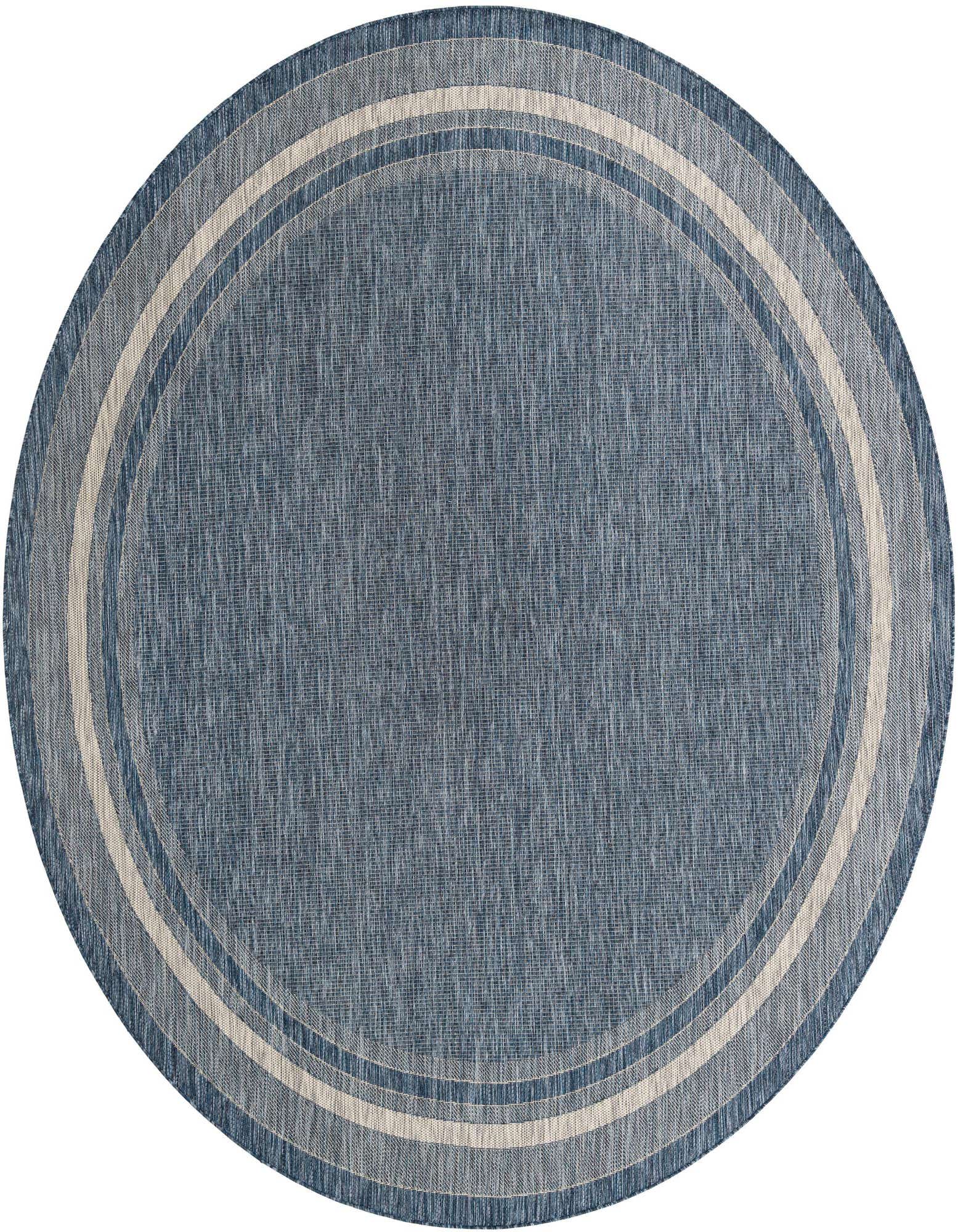 A 10-foot round blue indoor/outdoor rug with concentric light blue and cream striped borders, shown on a white background.
