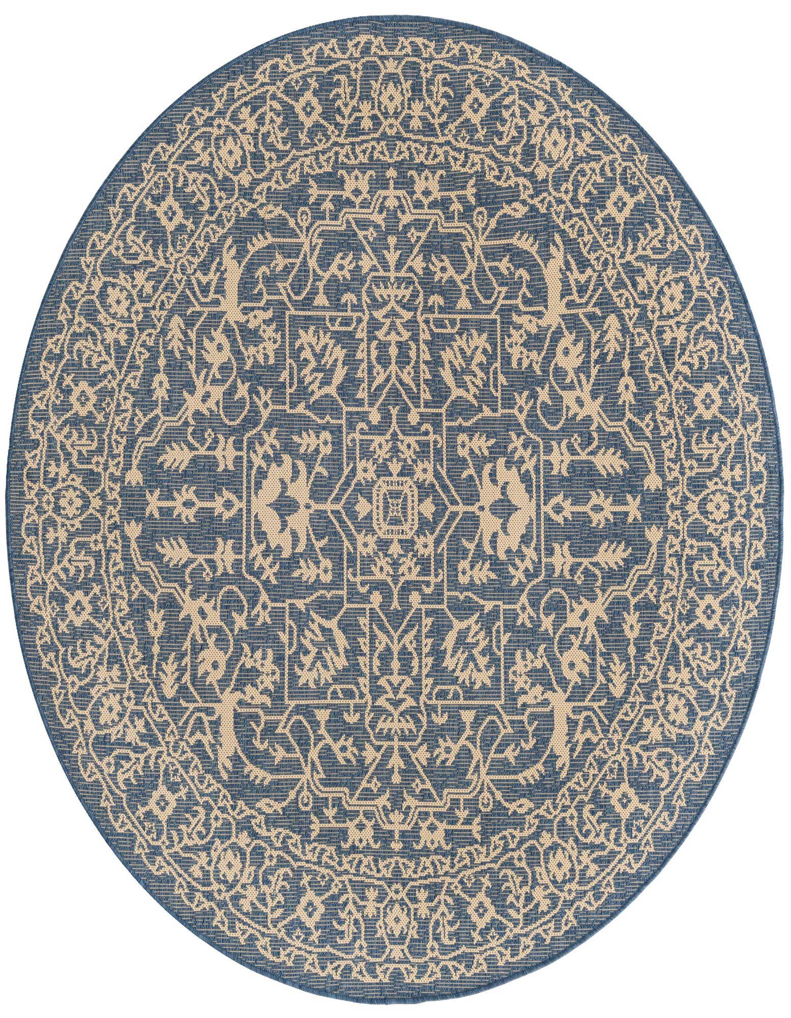 A 6' round blue and beige bohemian rug with a traditional medallion and botanical pattern, suitable for indoor or outdoor use.