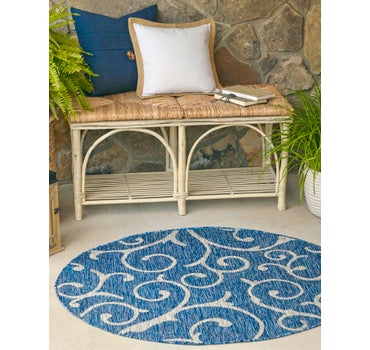 Blue 4' x 4' Botanical Indoor / Outdoor Round Rug | Rugs.com