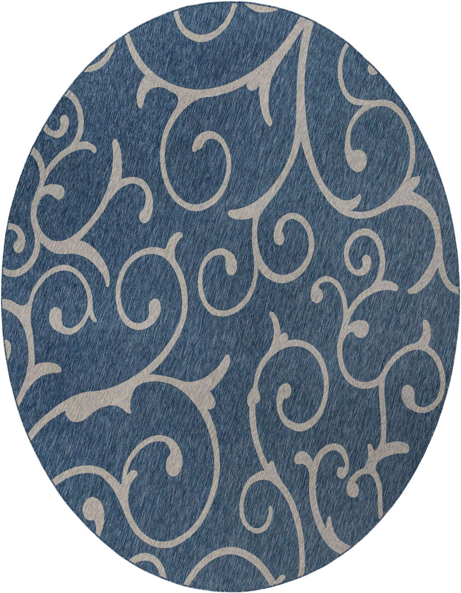 A 13-foot round blue indoor/outdoor rug with a light beige traditional botanical scroll pattern.