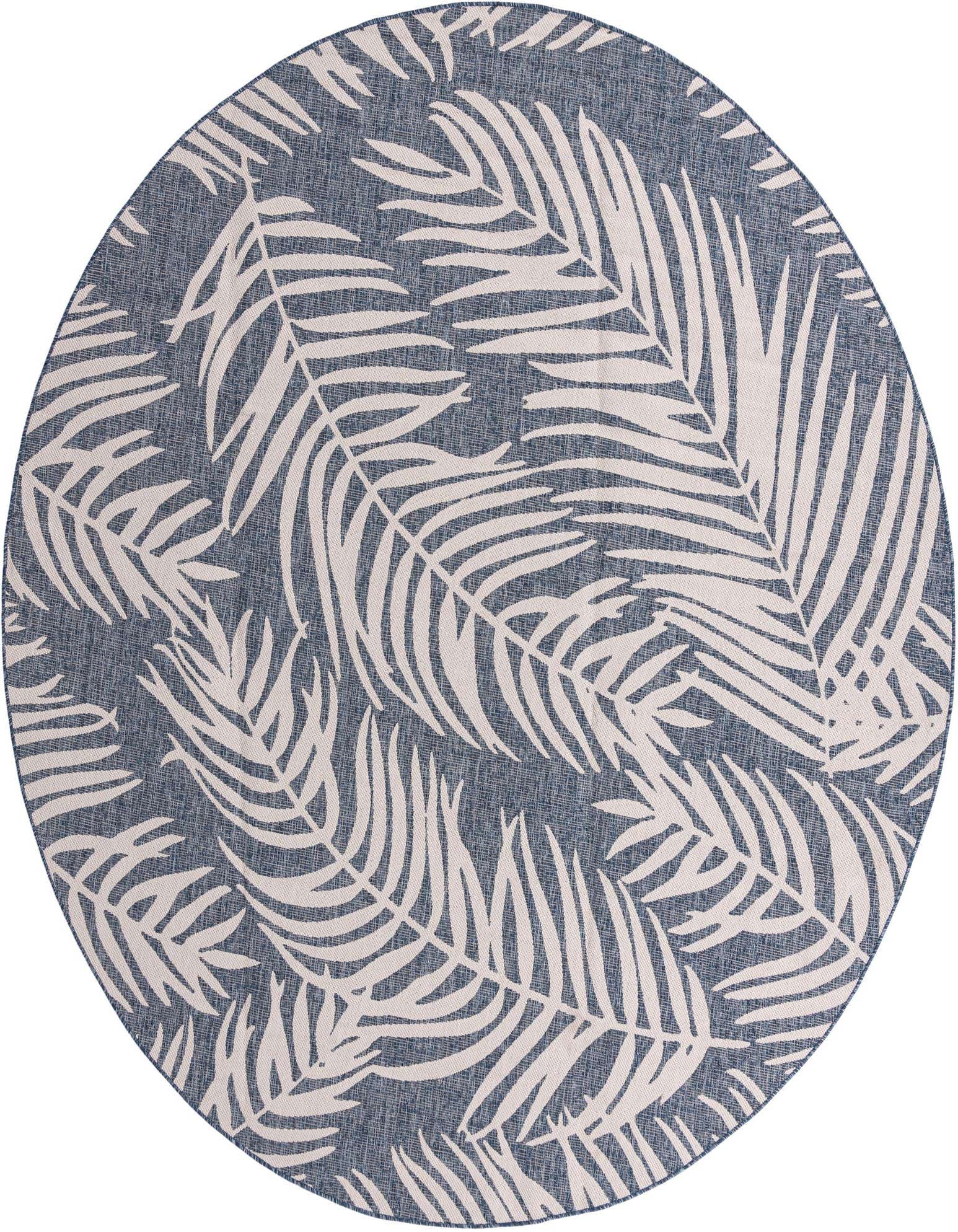 A 10' 8 round blue indoor/outdoor rug with a repeating pattern of large off-white tropical palm leaves.