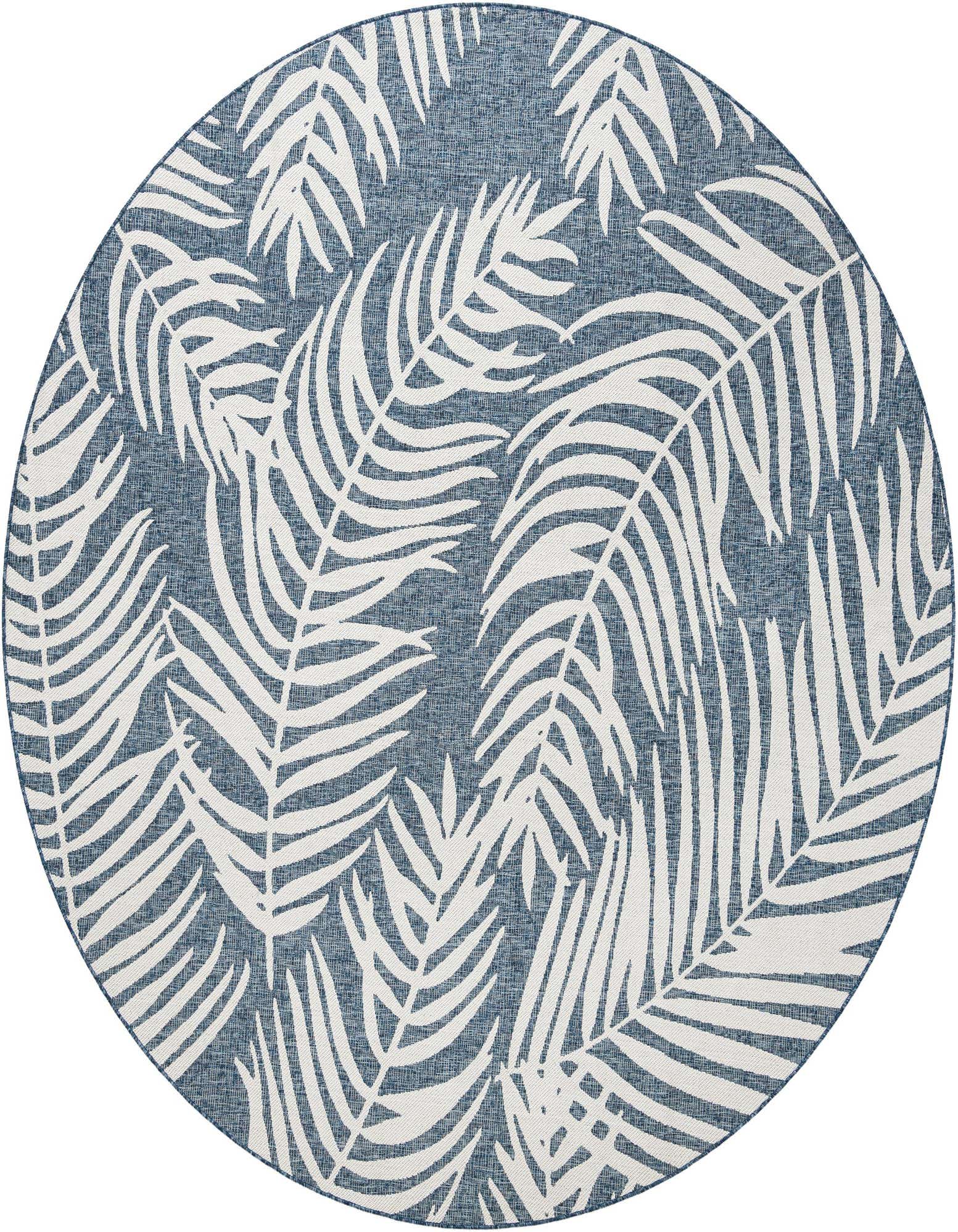 A 10' round blue and white botanical rug with large palm frond patterns, suitable for indoor or outdoor use.