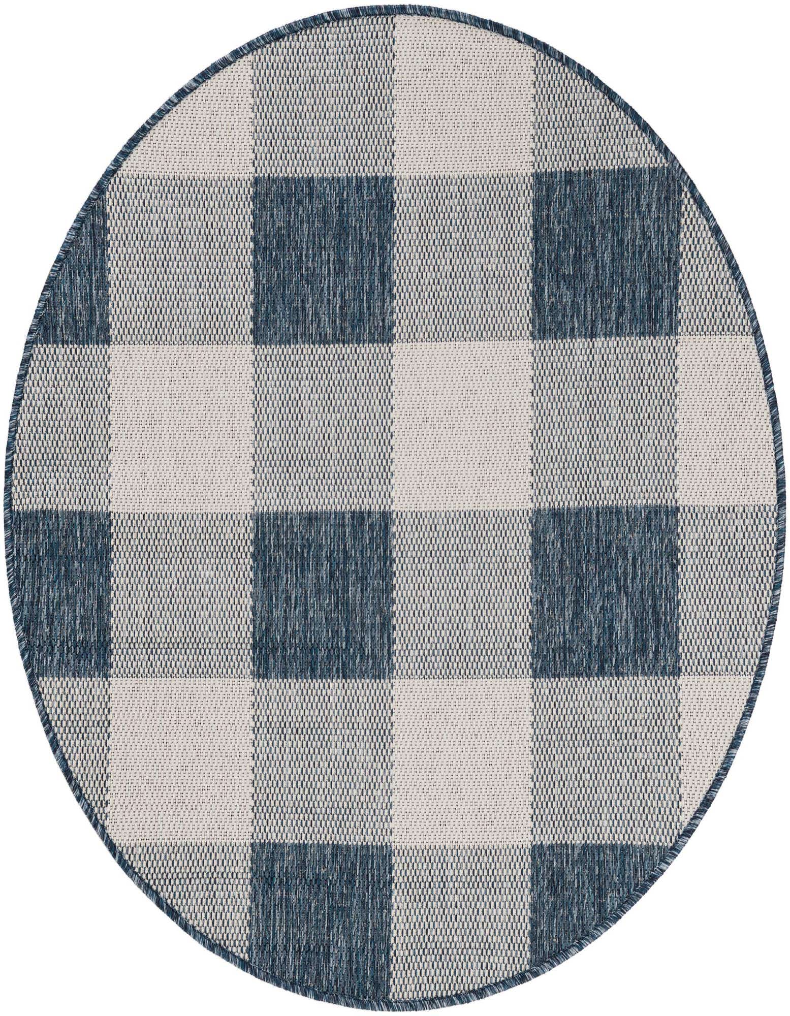 A 3' round blue and off-white checkered rug with a flatweave texture, suitable for indoor or outdoor spaces.