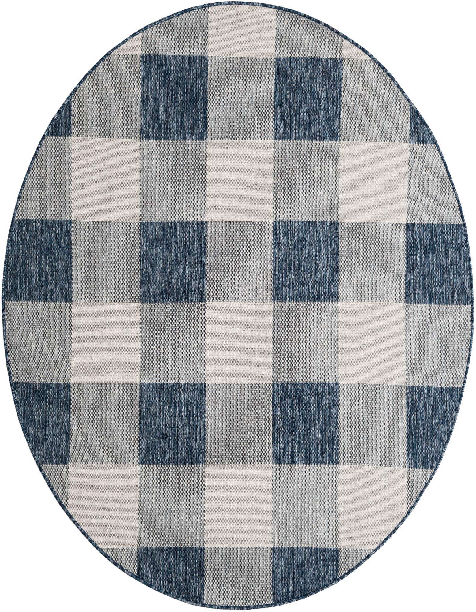 A 6' round blue and white checkered rug with a flatweave texture, suitable for indoor or outdoor use.