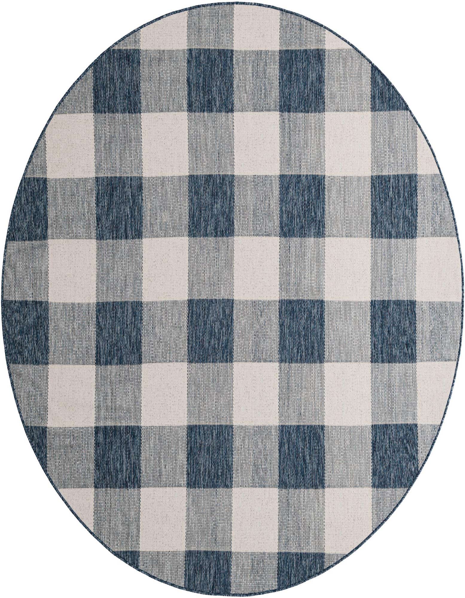 A 7' 10 round blue and white checkered indoor/outdoor rug with a flat, textured pile.