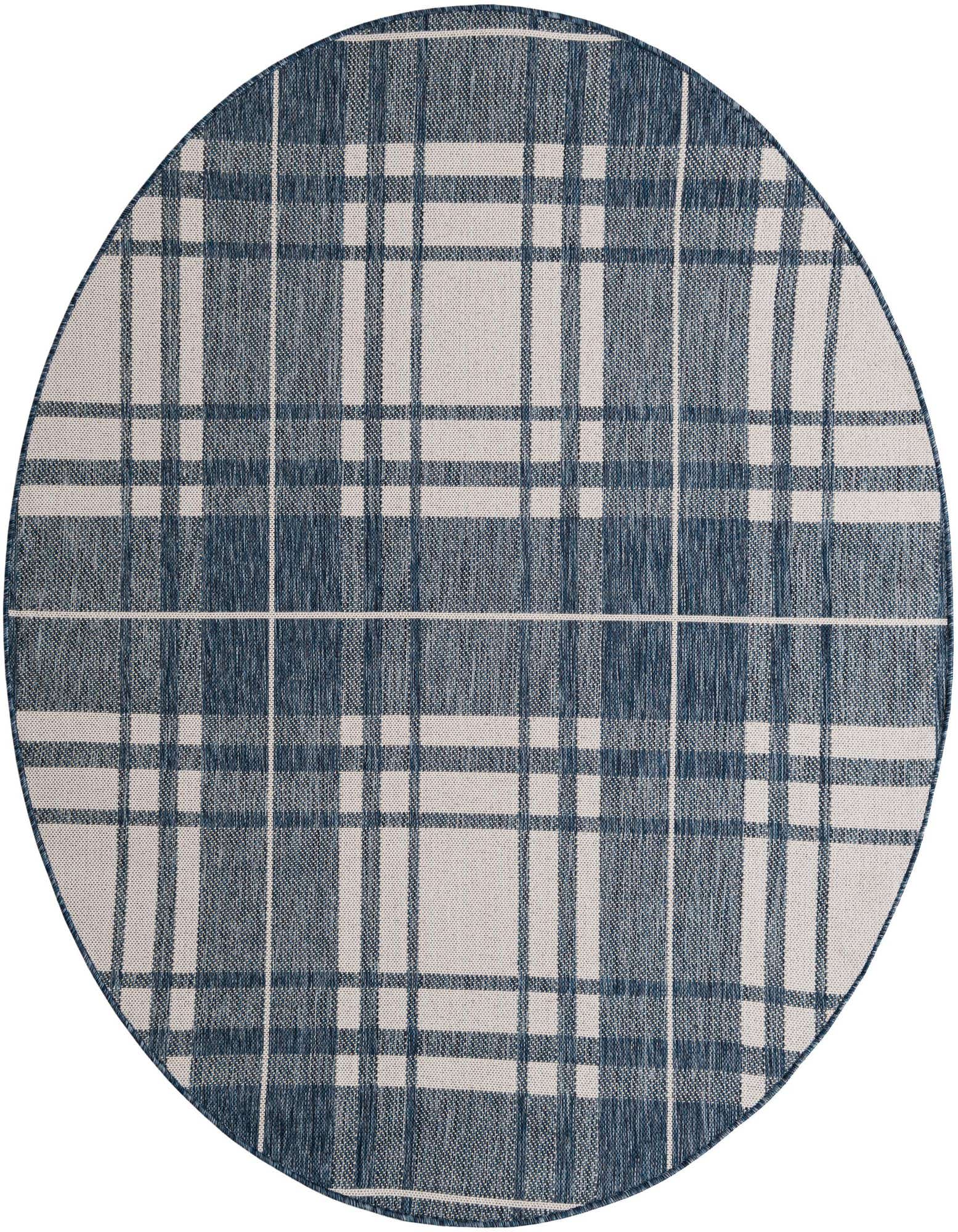 A 6' round blue and white checkered outdoor rug with a modern plaid pattern, suitable for a patio.