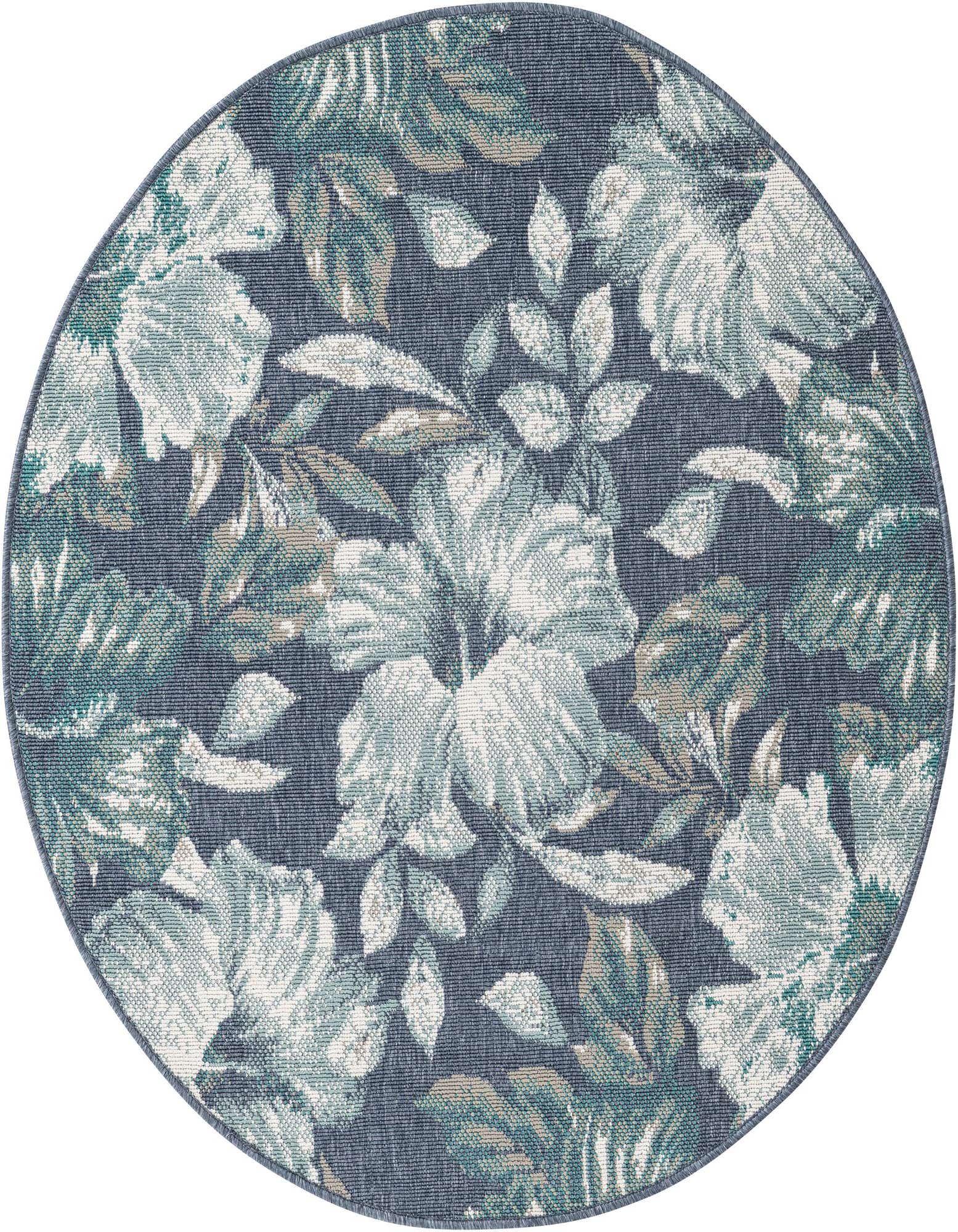 A round blue indoor/outdoor rug with a modern coastal botanical pattern featuring light blue and teal leaves and flowers.
