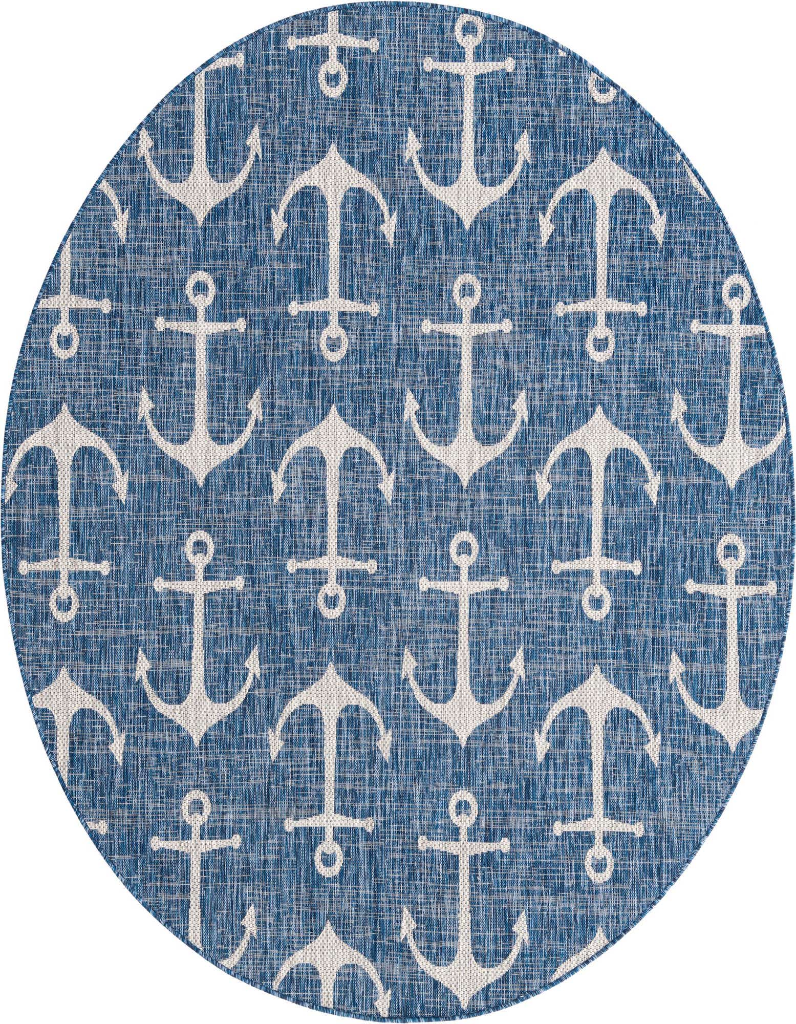 A round 7' 10 x 7' 10 blue indoor/outdoor rug with a repeating white anchor pattern, ideal for a patio.