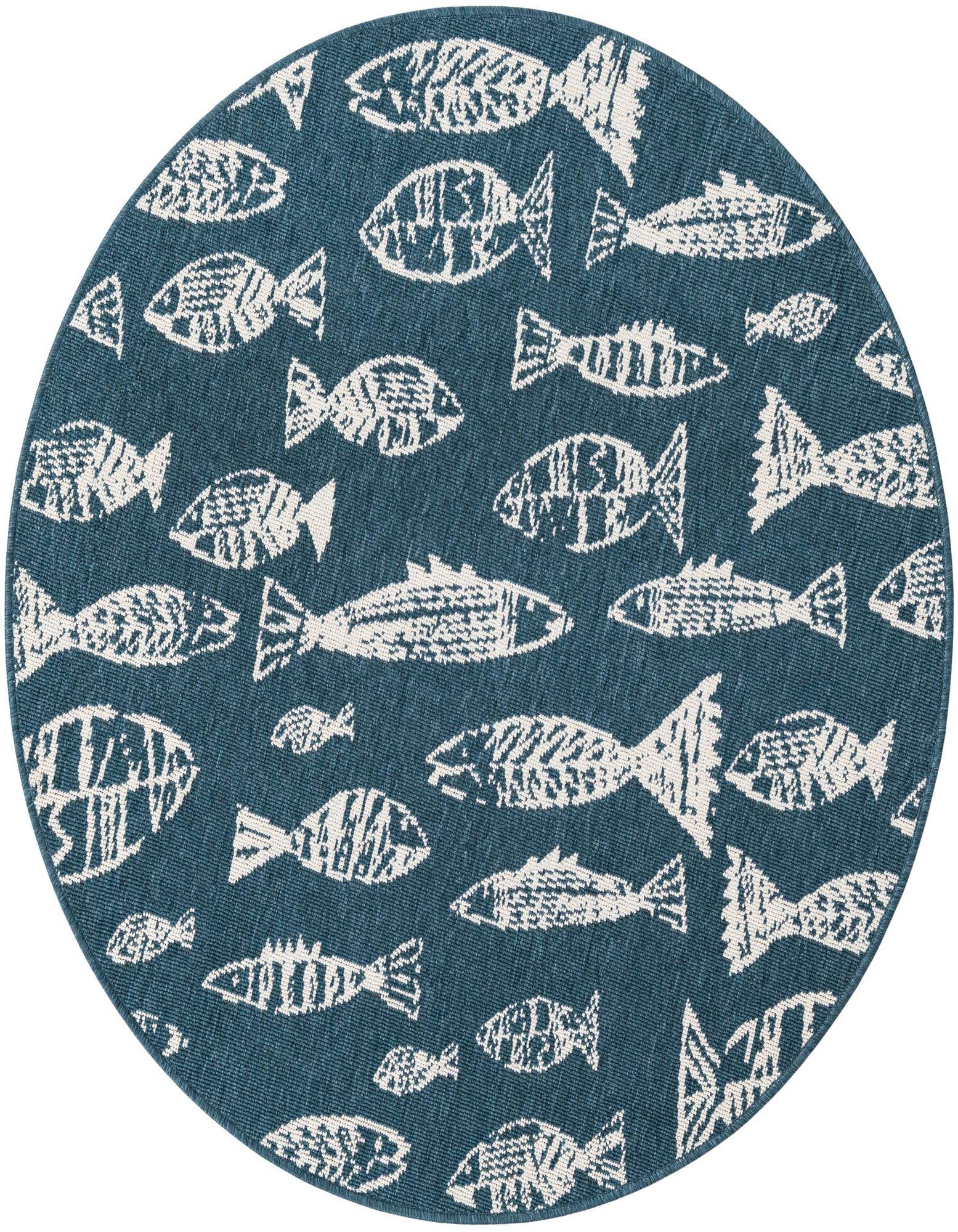A 4' round blue indoor/outdoor rug with a modern beach/nautical pattern of white fish and fish skeletons.