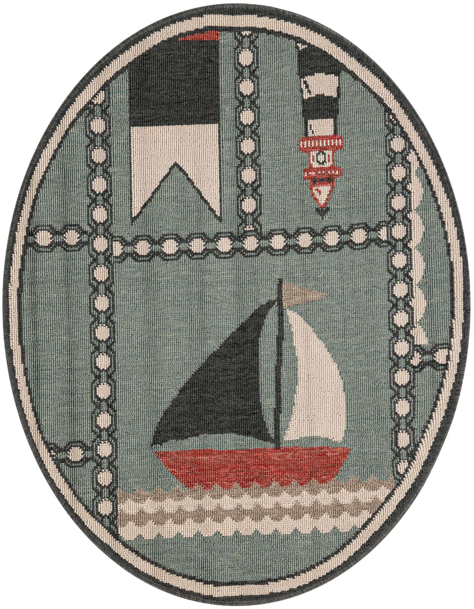 A round blue indoor/outdoor rug featuring a sailboat, lighthouse, and nautical flags, framed by chains.