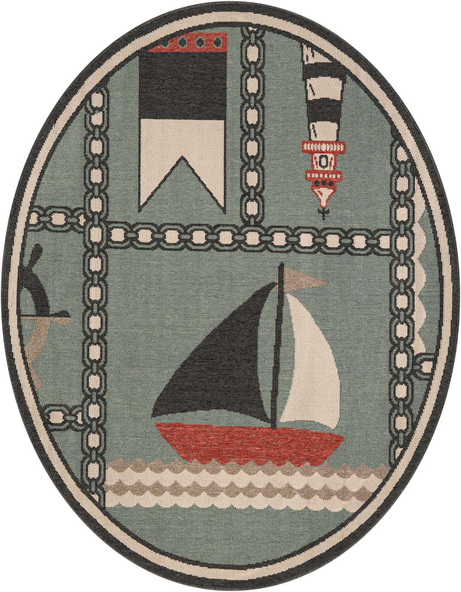 A round blue indoor/outdoor rug with a modern nautical design featuring a sailboat, anchor, lighthouse, and signal flags.
