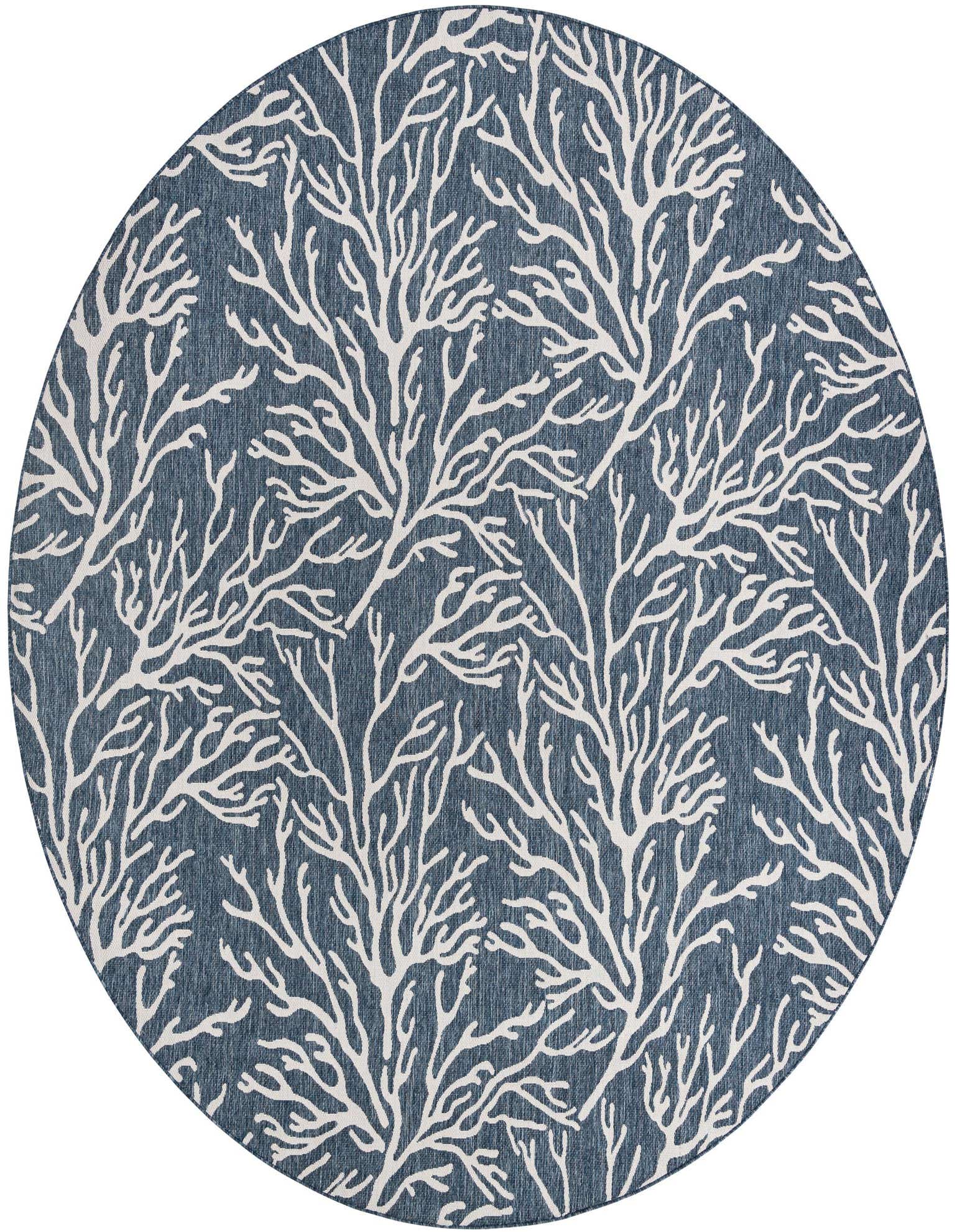 A 12' round blue indoor/outdoor rug with a white modern coral branch pattern, ideal for a patio.