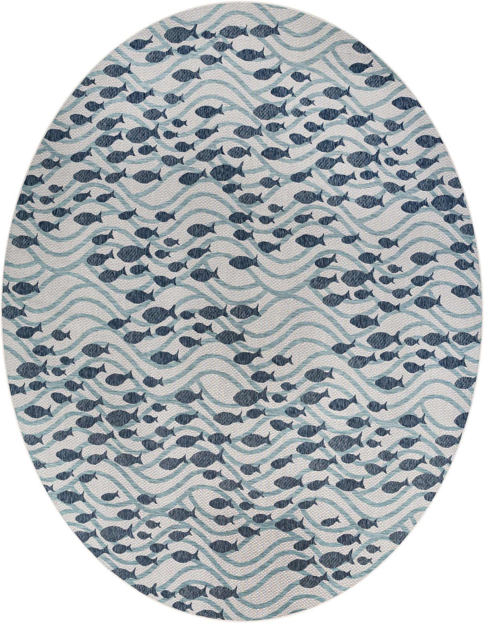 A round 13' blue and white indoor/outdoor rug featuring a playful school of dark blue fish swimming amidst light blue wavy lines.