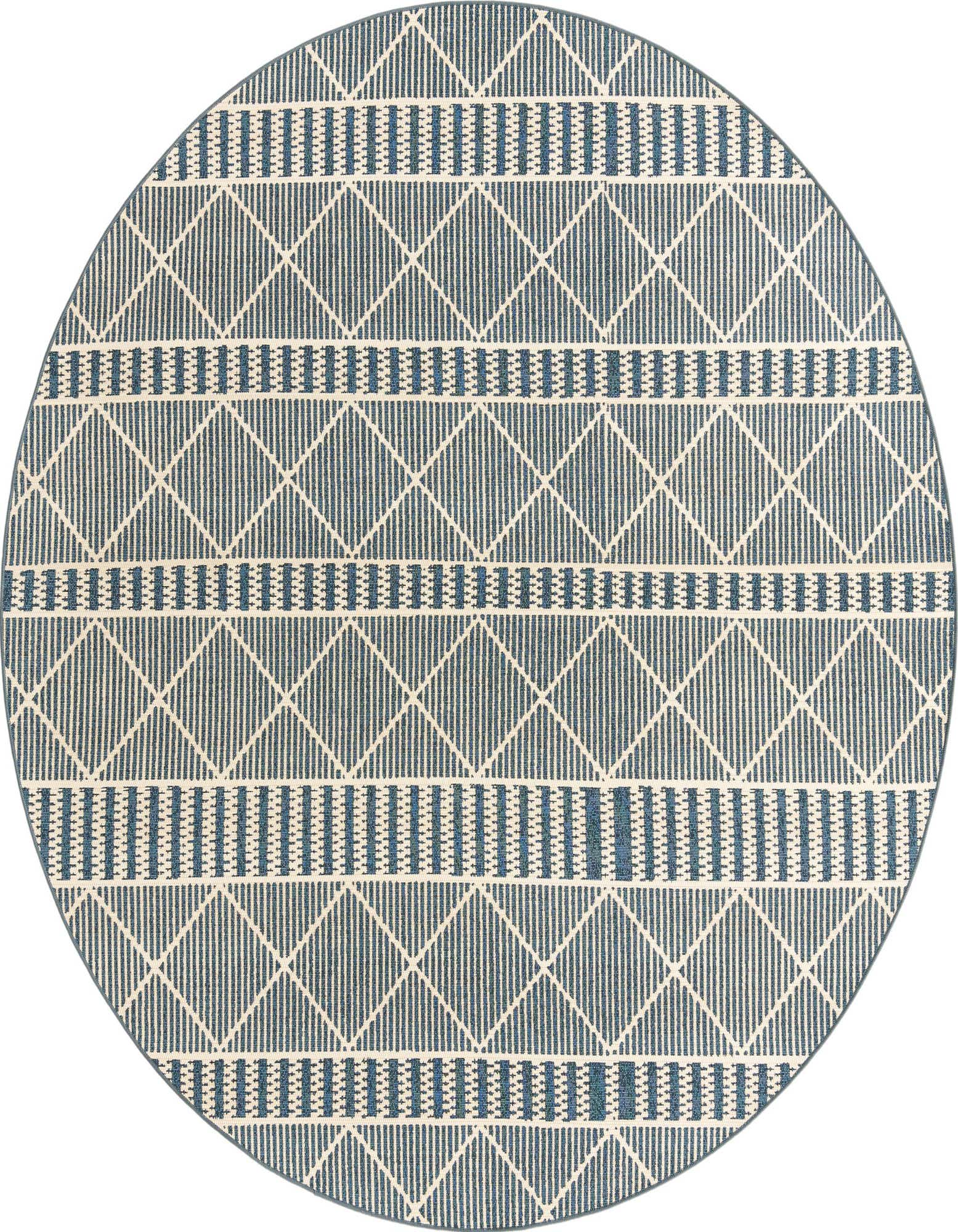 A 7' 10 round blue and cream outdoor rug with a geometric tribal pattern, ideal for a patio.