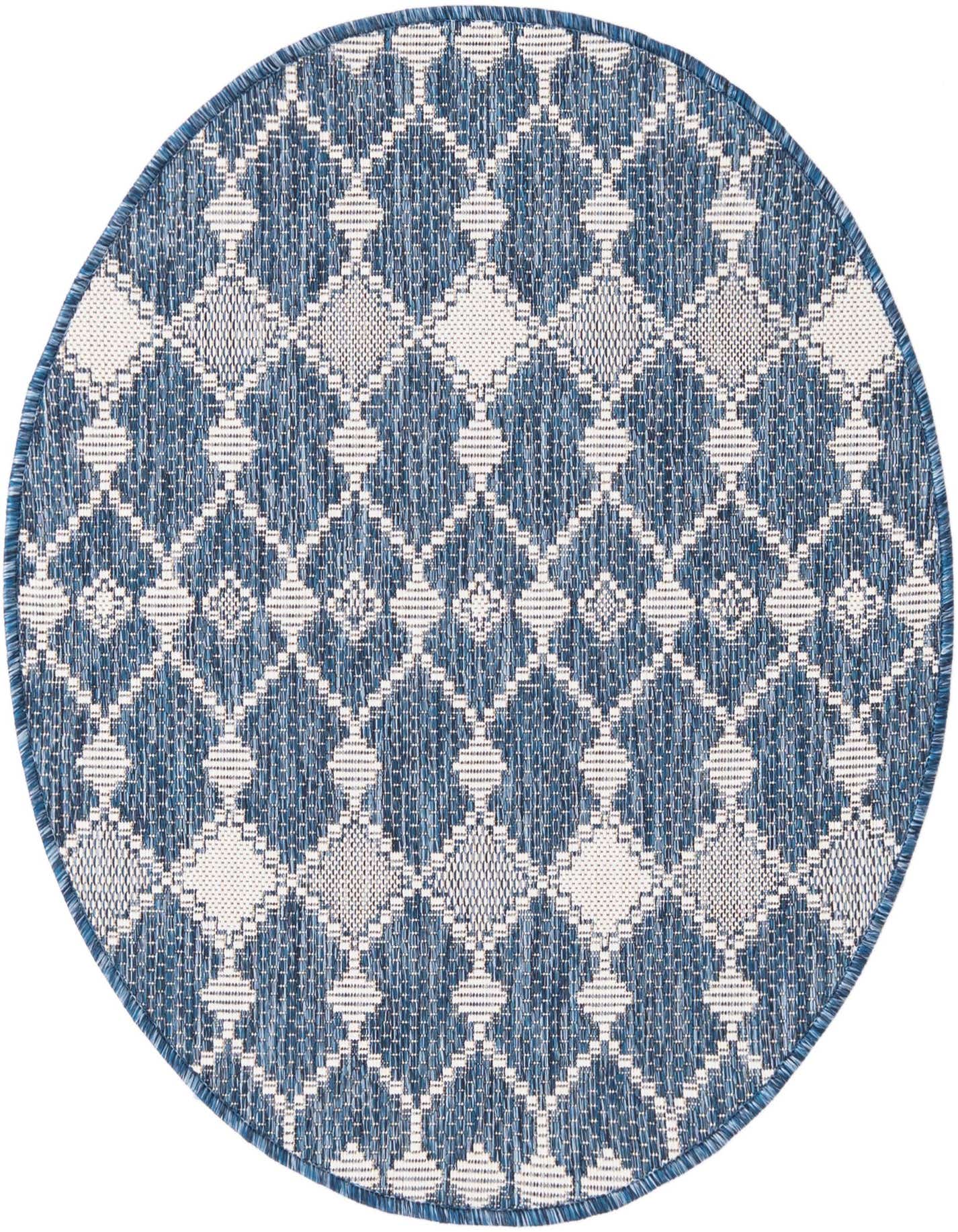 A 3' round blue and white trellis pattern rug, ideal for indoor or outdoor use on a patio.