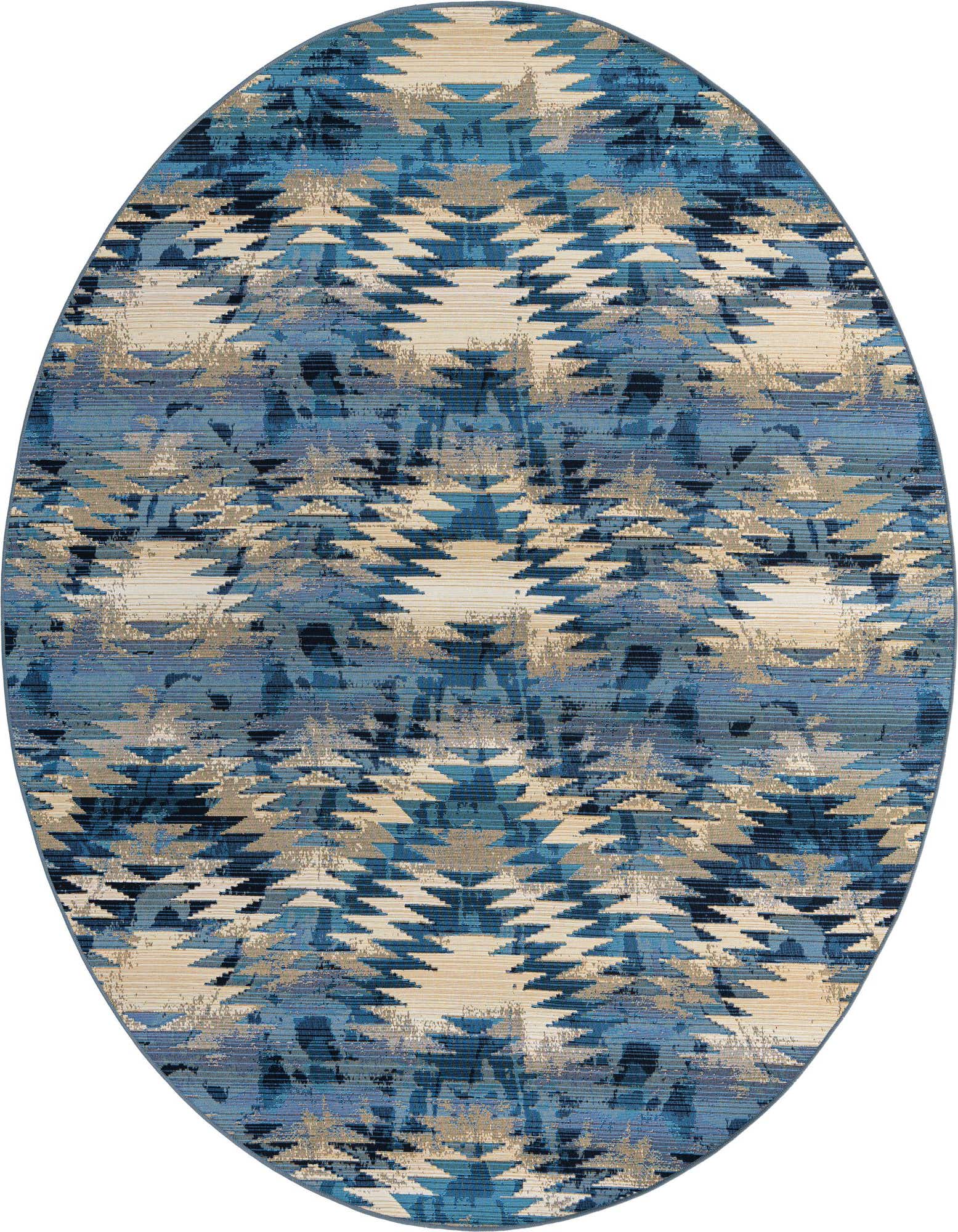A round 8' blue, beige, and gold Southwestern-style outdoor rug with an abstract, eclectic pattern.