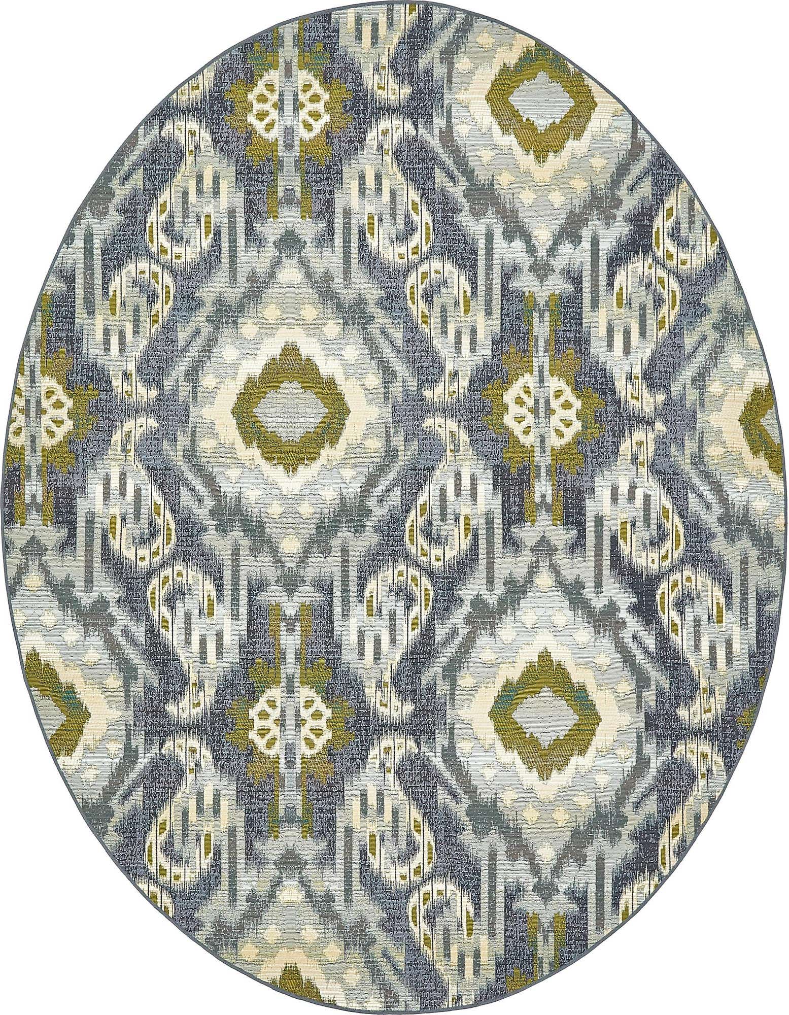 A round 8' blue, grey, and olive green ikat patterned rug, suitable for indoor or outdoor use.