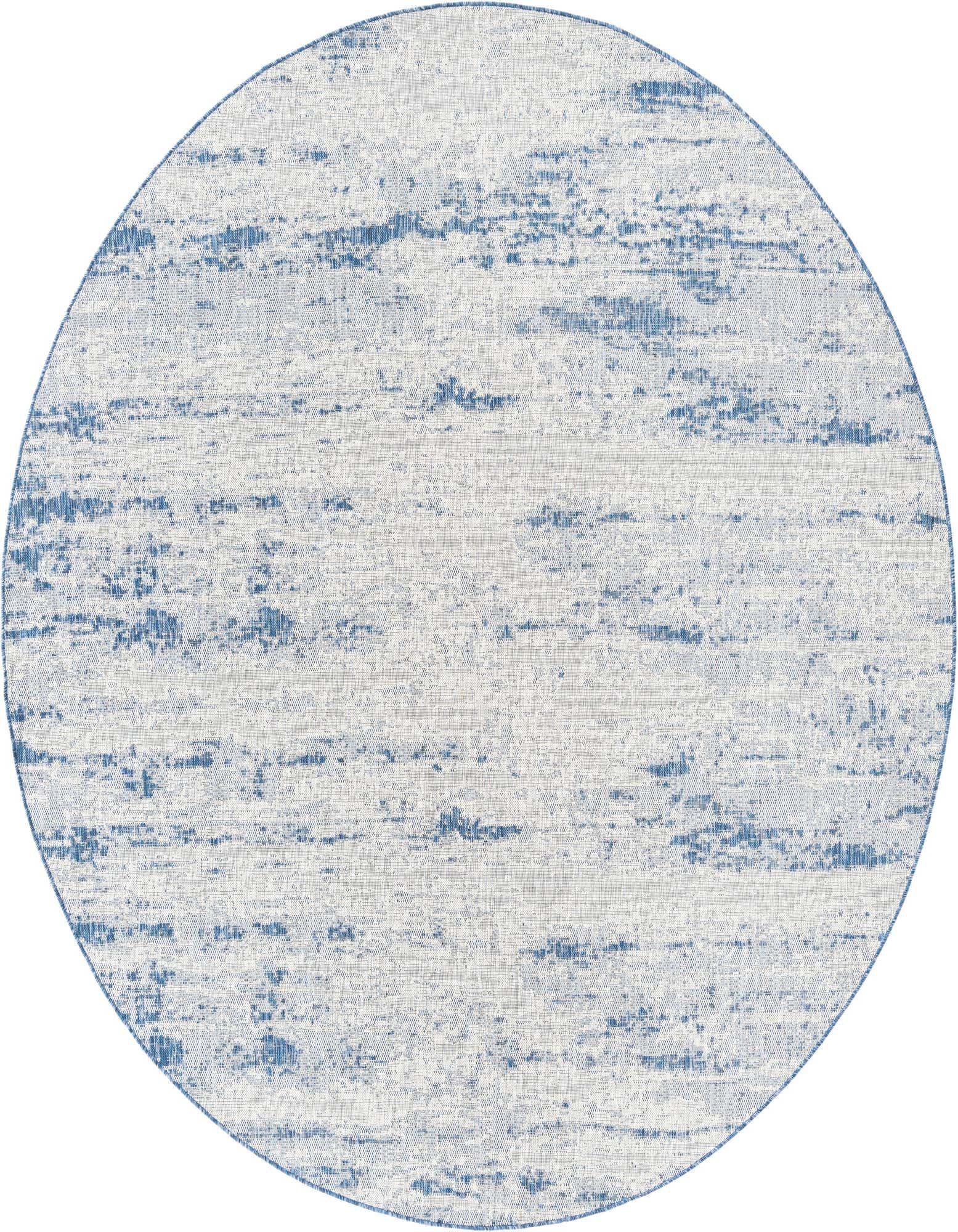 A 10-foot round blue and white coastal-style rug with a distressed, textured pattern, suitable for indoor or outdoor use.