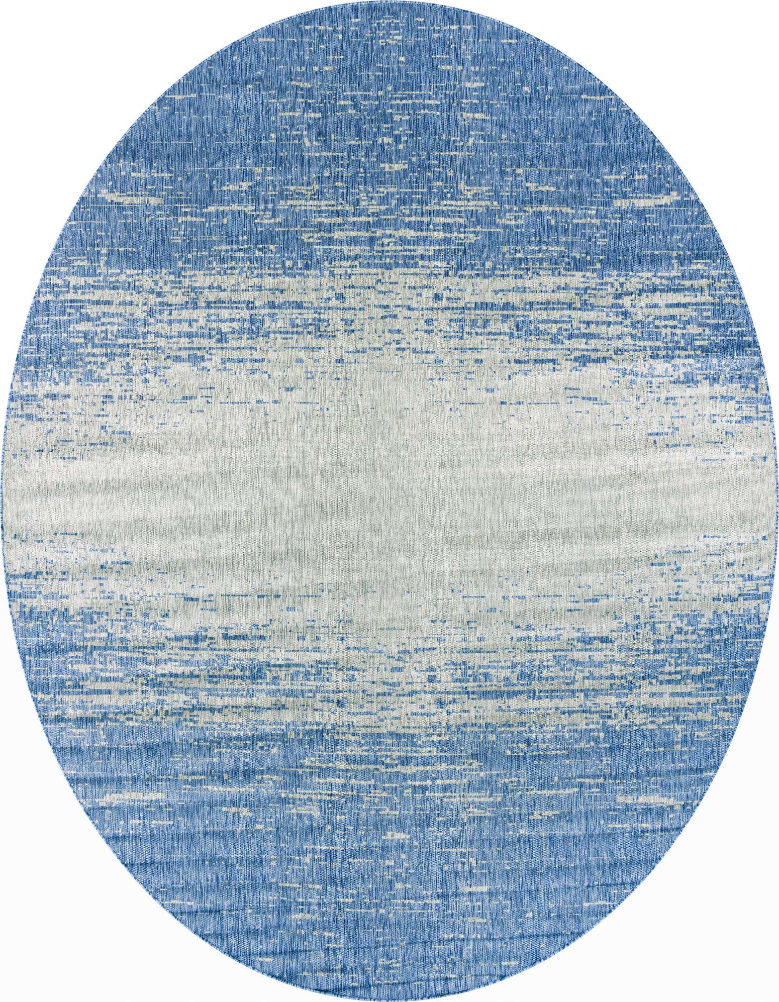 A 13' round blue and white modern flatweave rug with a textured, faded horizontal stripe pattern, suitable for indoor or outdoor use.