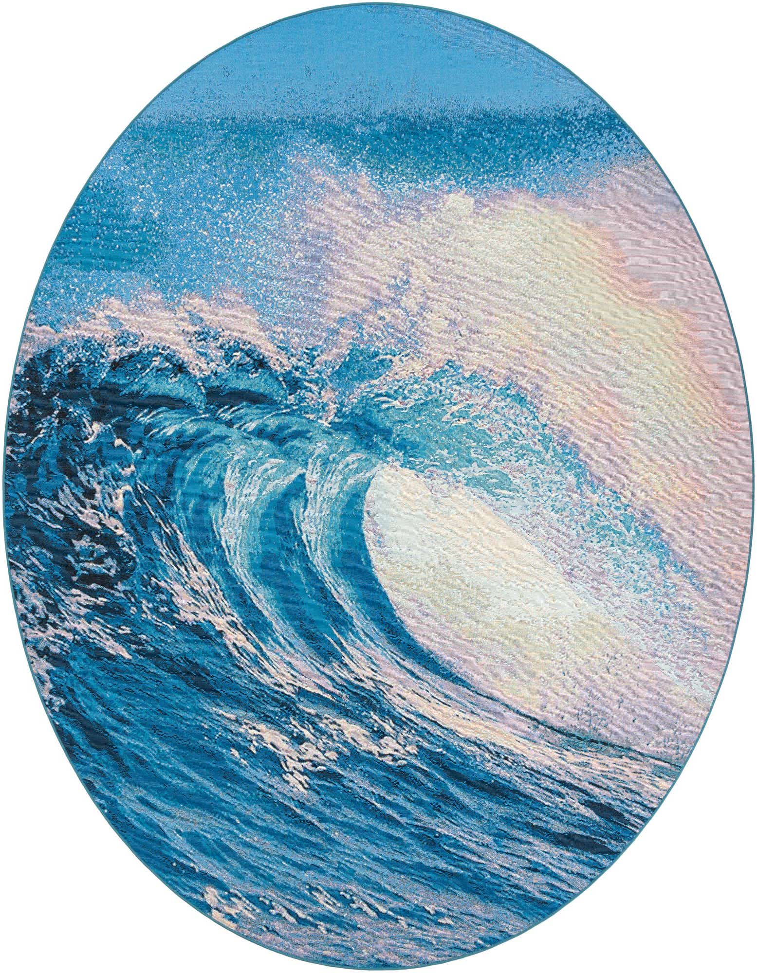 A round blue rug featuring a vibrant, abstract design of a crashing ocean wave with white foam and hints of pink.