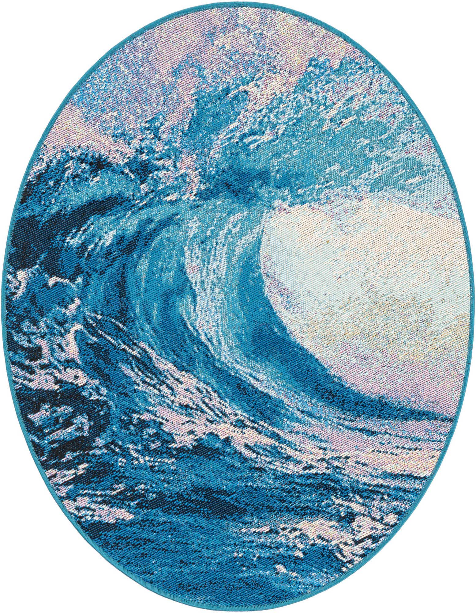 A round blue rug featuring a vibrant, abstract ocean wave design with lighter foam crests, suitable for a patio.
