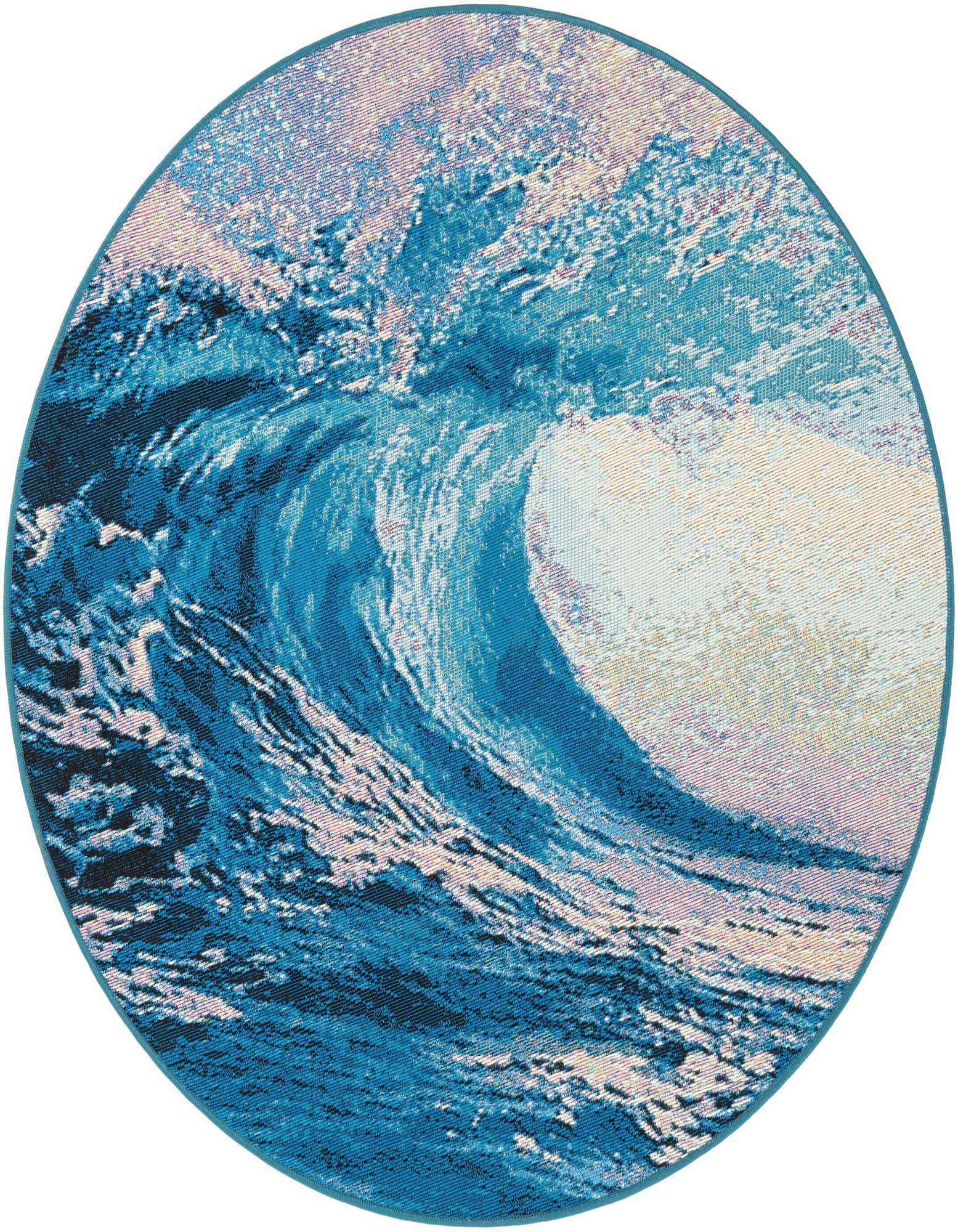 A round blue coastal rug with a dynamic ocean wave design, perfect for a patio or beach-themed room.
